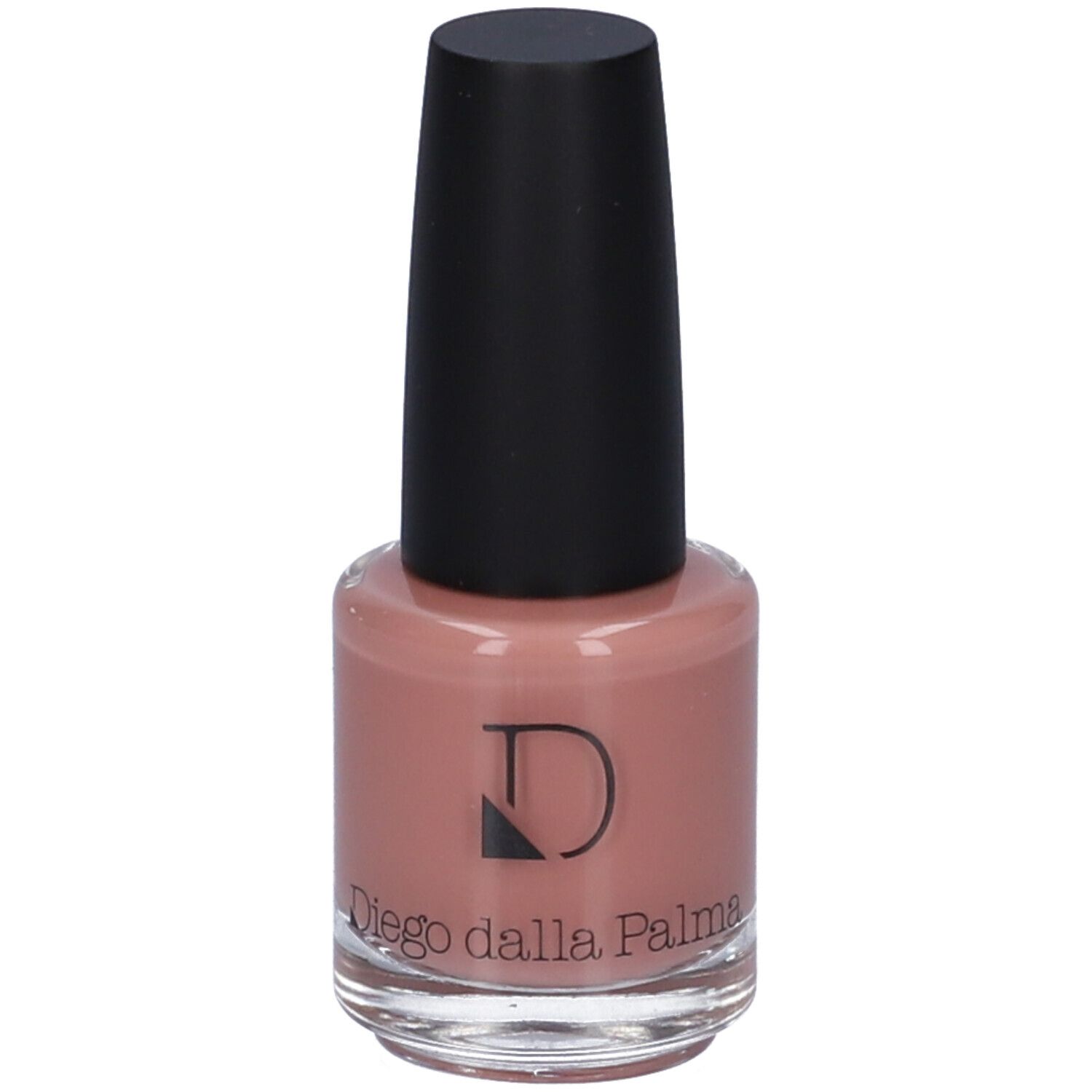 Flacone di smalto per unghie rosa con tappo nero. Marchio Diego dalla Palma.