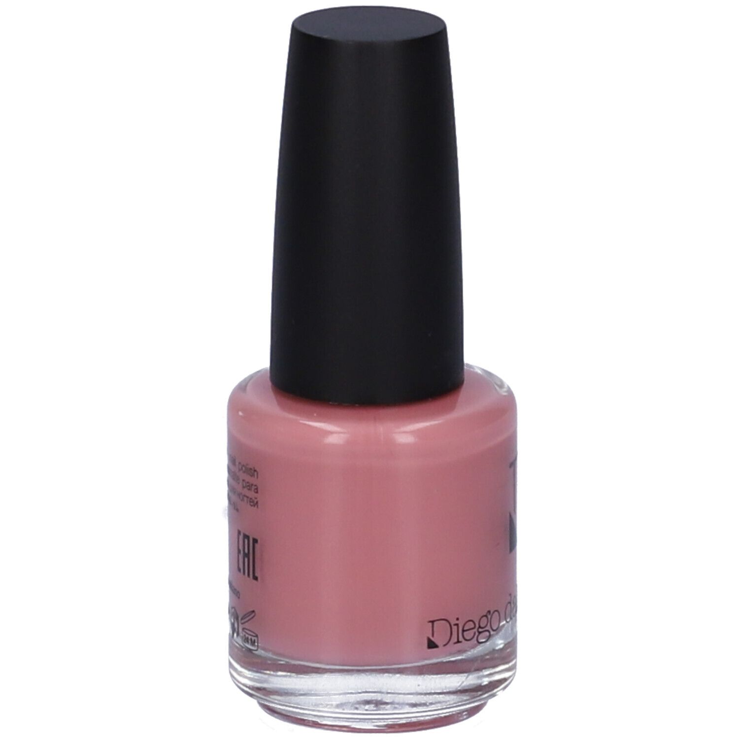 Flacone di smalto rosa con tappo nero. Retro con testo.