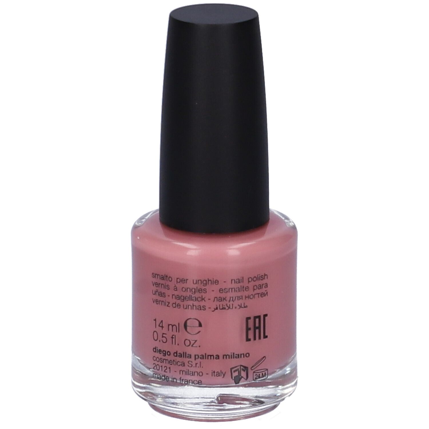 Flacone di smalto rosa con tappo nero. Testo con volume e produttore.