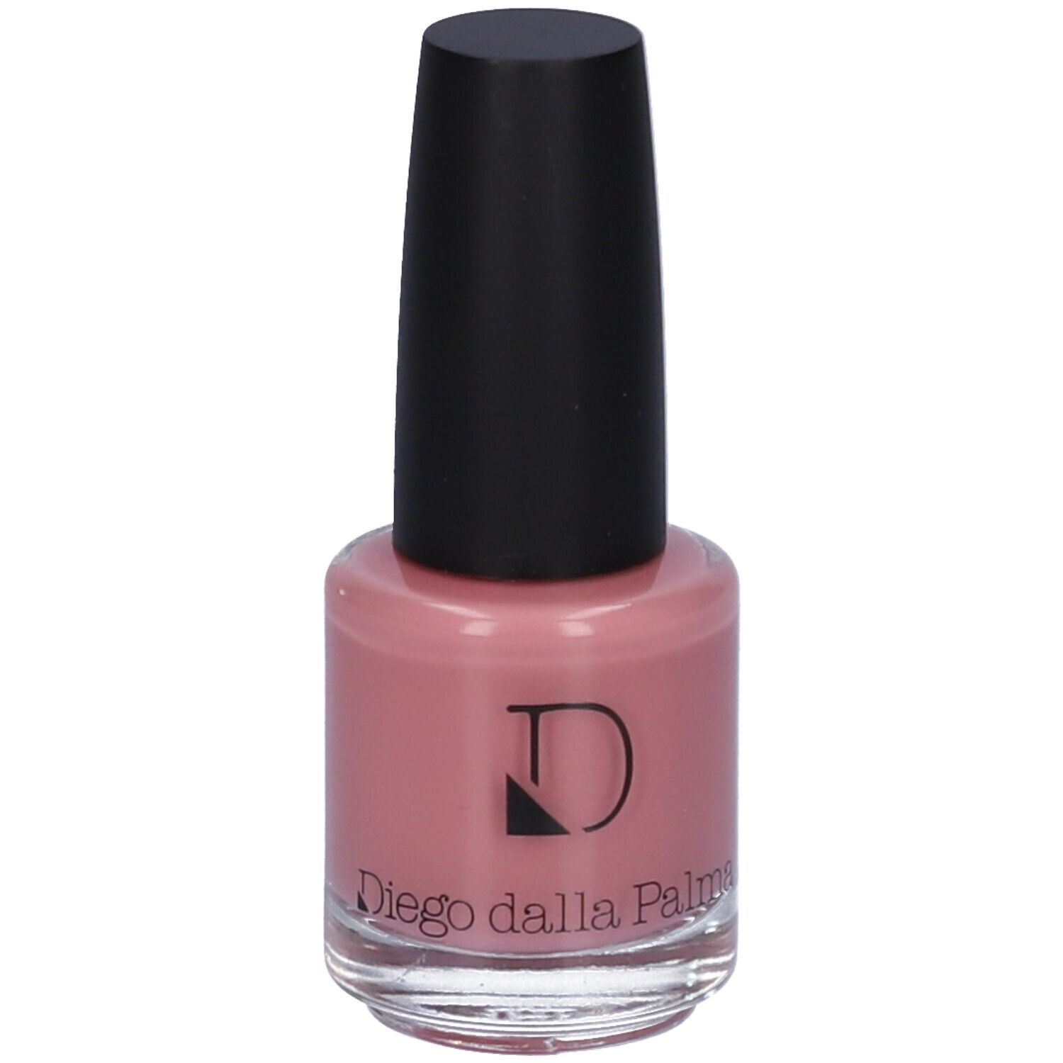 Flacone di smalto rosa con tappo nero. Marchio Diego dalla Palma con logo.