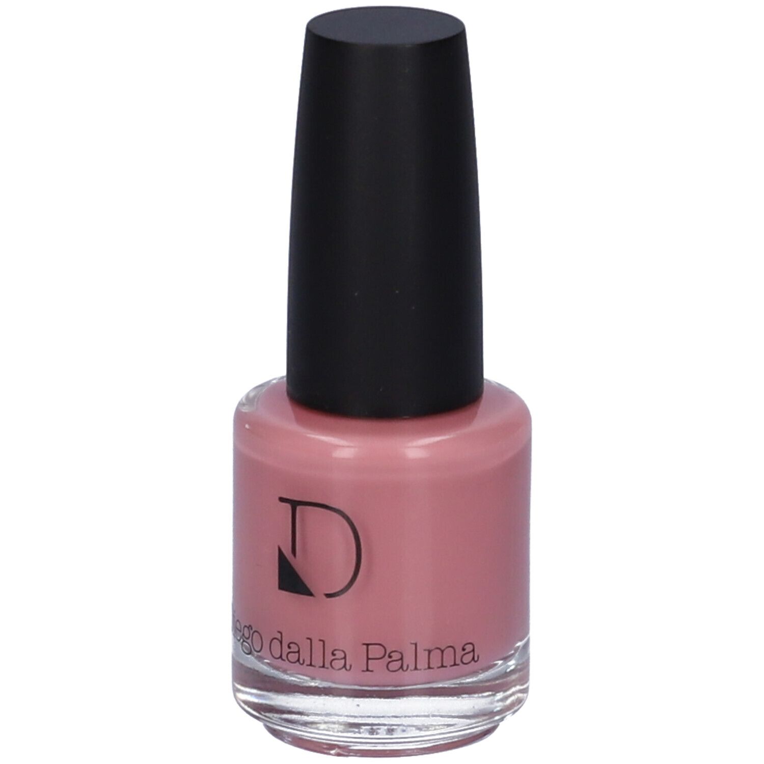 Flacone di smalto rosa con tappo nero. Marchio Diego dalla Palma con logo.