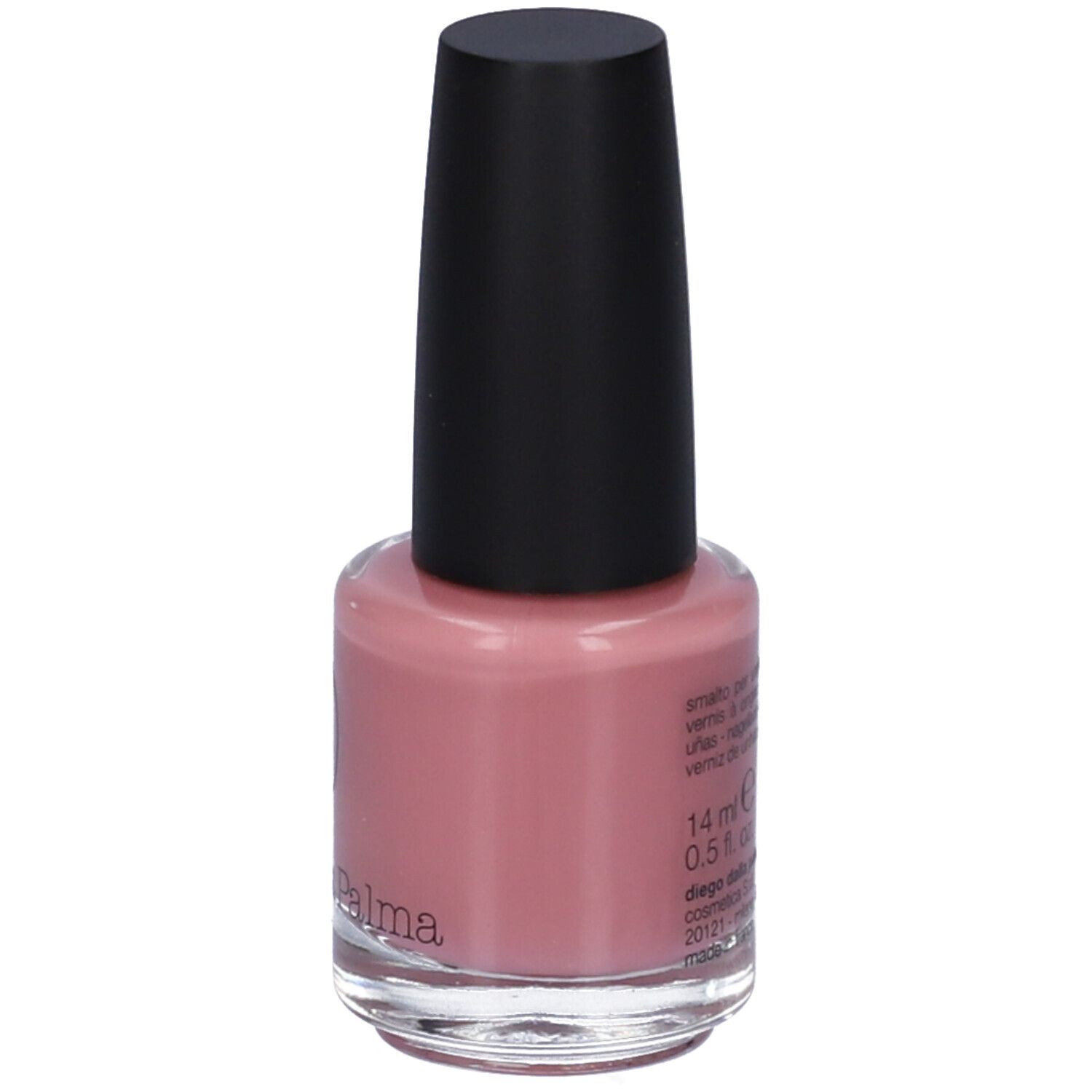 Flacone di smalto rosa con tappo nero. Retro con testo.