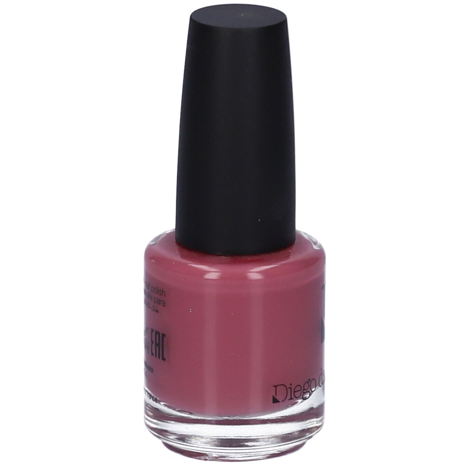 Flacone di smalto con tappo nero. Smalto rosa. Logo Diego dalla Palma.