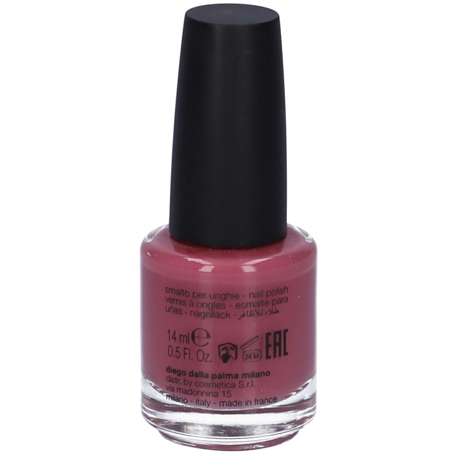 Flacone di smalto con tappo nero. Smalto rosa. Testo: Smalto per unghie, 14 ml.