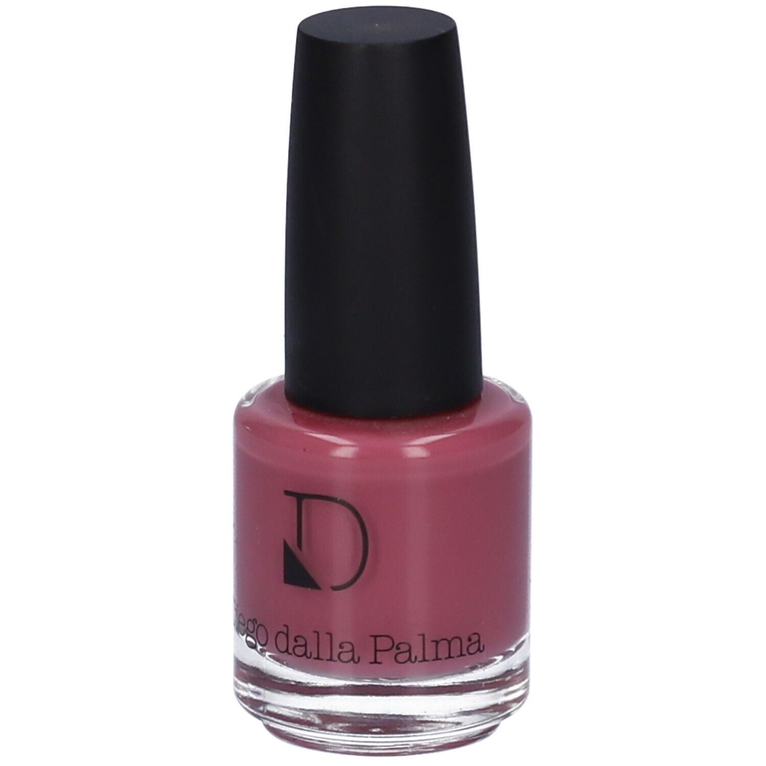 Flacone di smalto con tappo nero. Smalto rosa. Logo Diego dalla Palma.