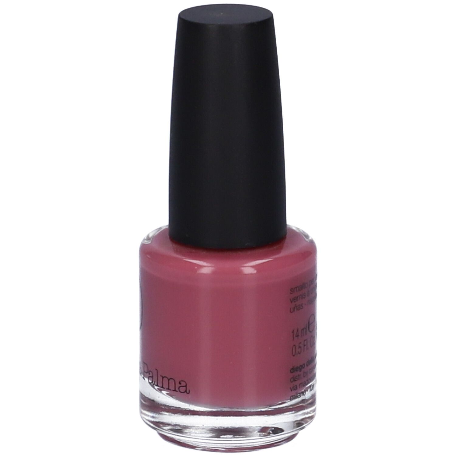 Flacone di smalto con tappo nero. Smalto rosa. Testo: 14 ml, 0.5 Fl. Oz.