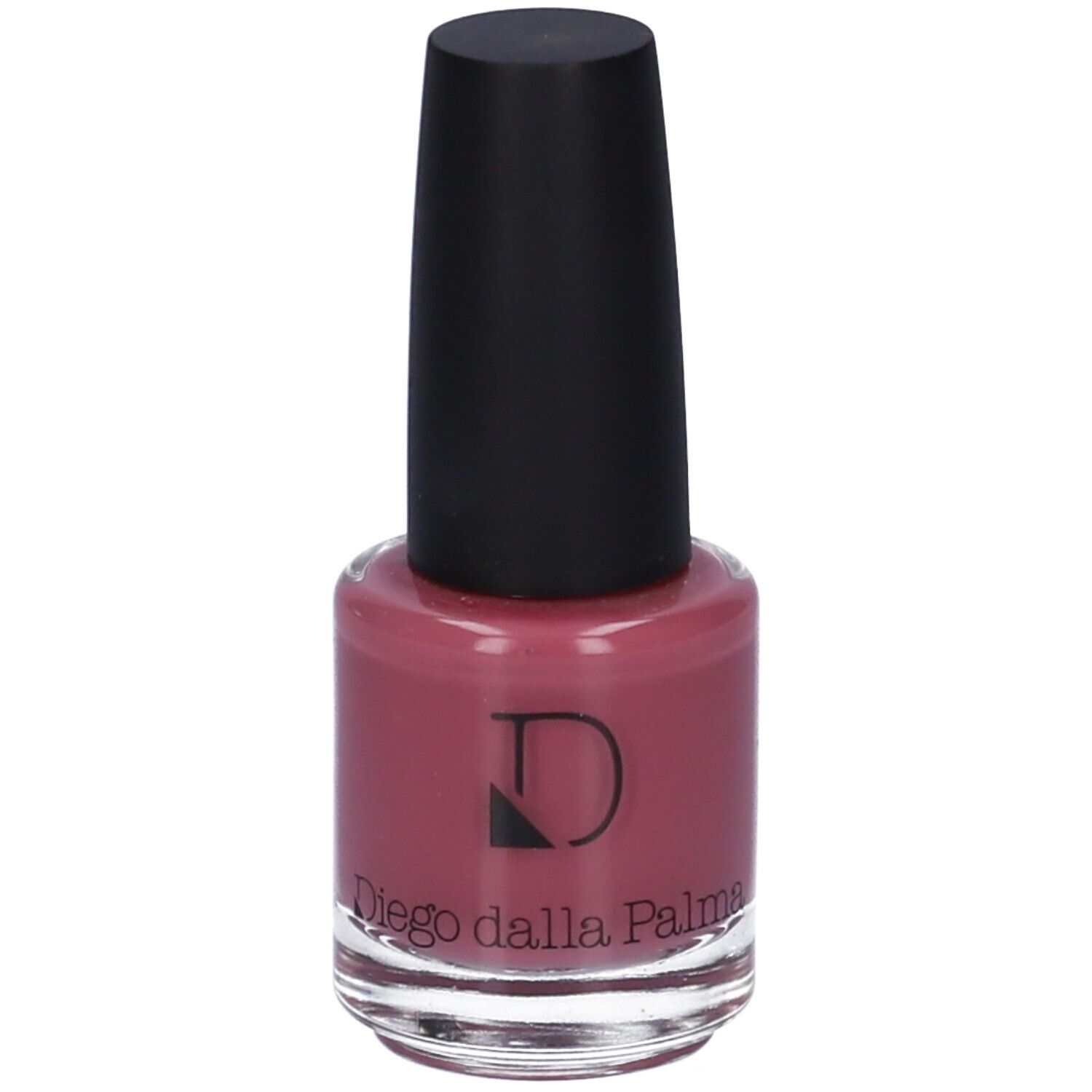 Flacone di smalto con tappo nero. Smalto rosa. Logo Diego dalla Palma.
