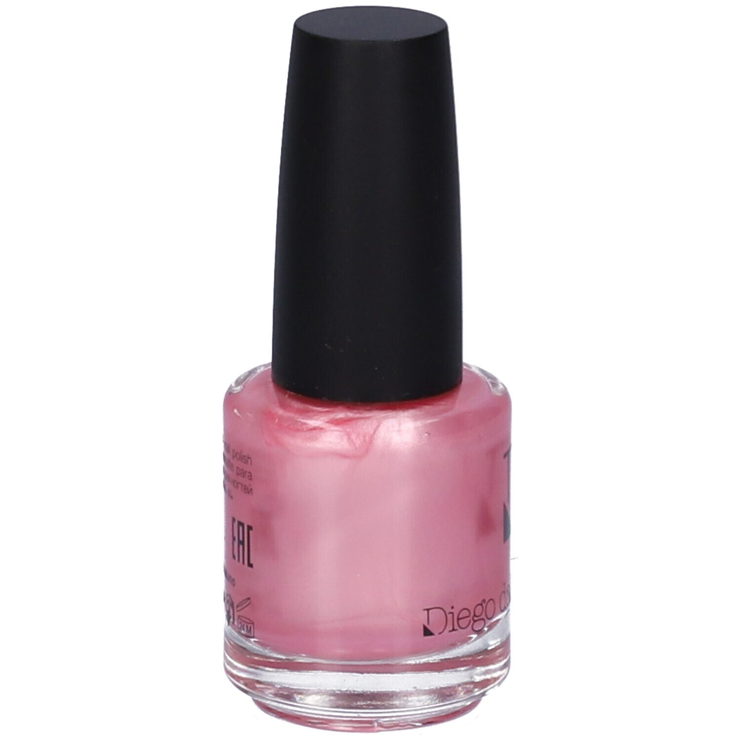 Flacone di smalto rosa con tappo nero. Scritta e testo.