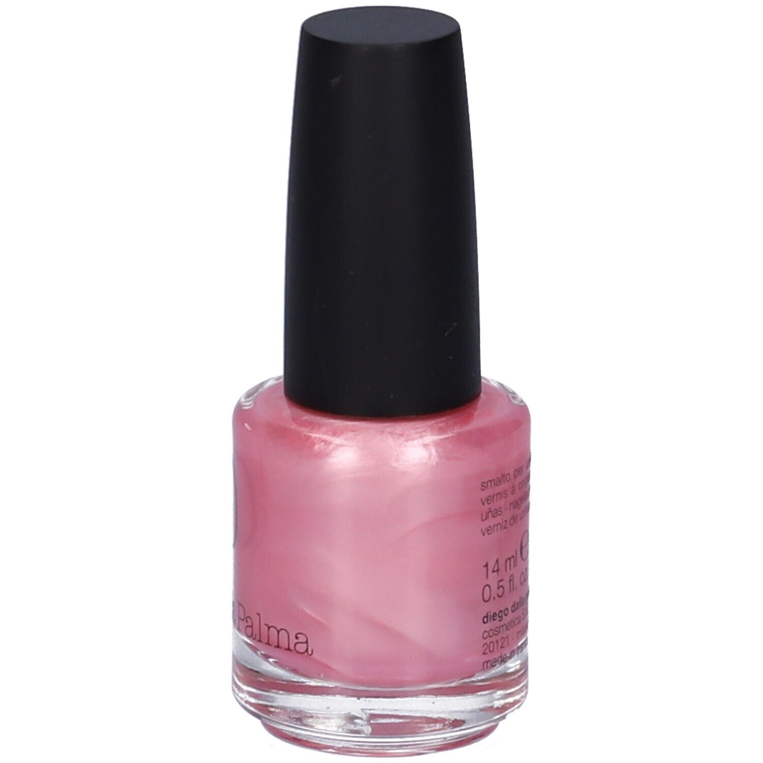 Flacone di smalto rosa con tappo nero. Scritta: 14 ml, 0.5 fl. oz. Testo.