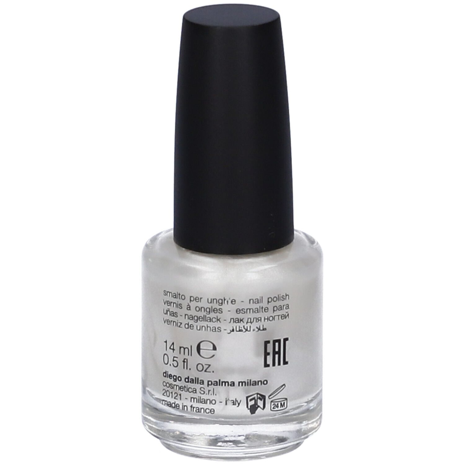 Flacone di smalto per unghie con tappo nero. Scritta: Diego dalla Palma, 14 ml.