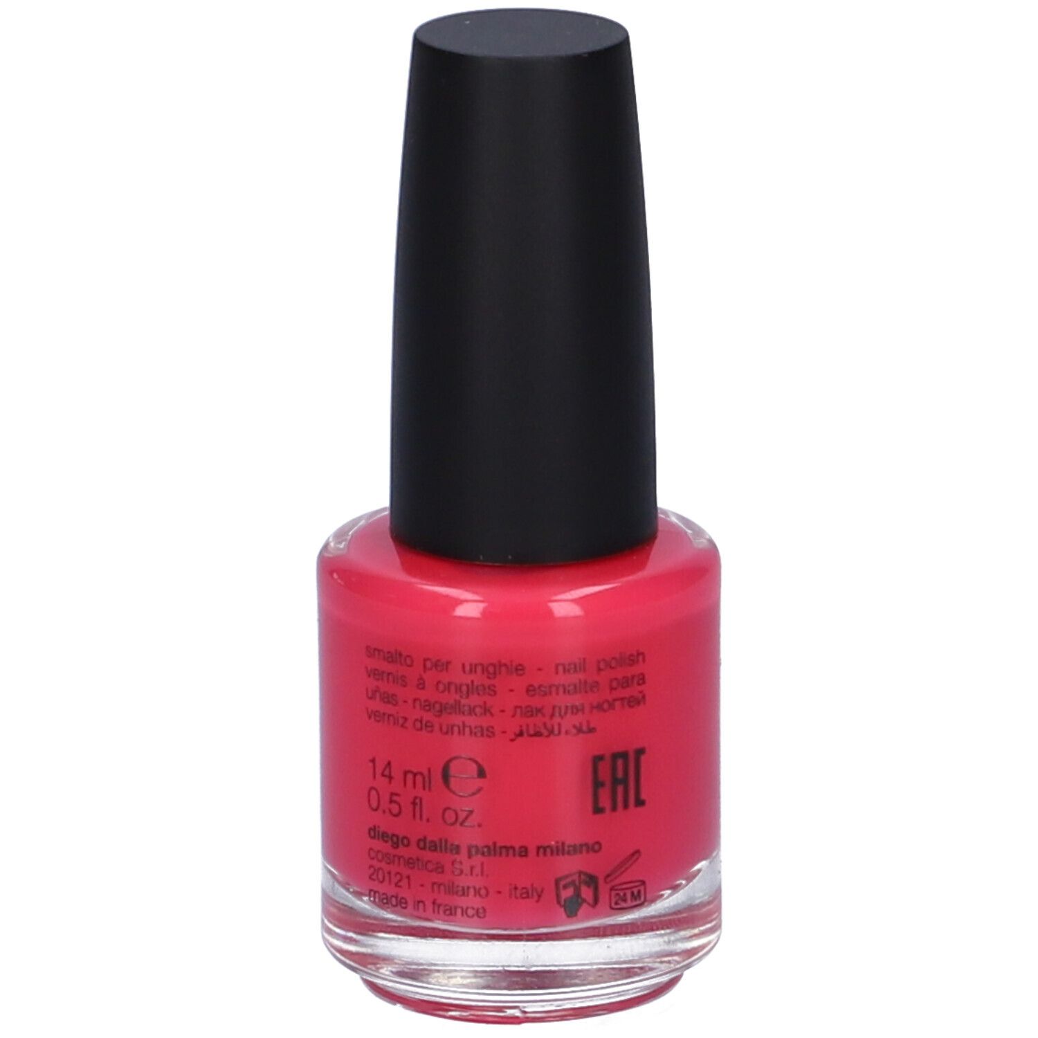 Flacone di smalto rosso con tappo nero. Volume 14 ml, 0,5 fl. oz. Scritta: Diego dalla Palma Milano.