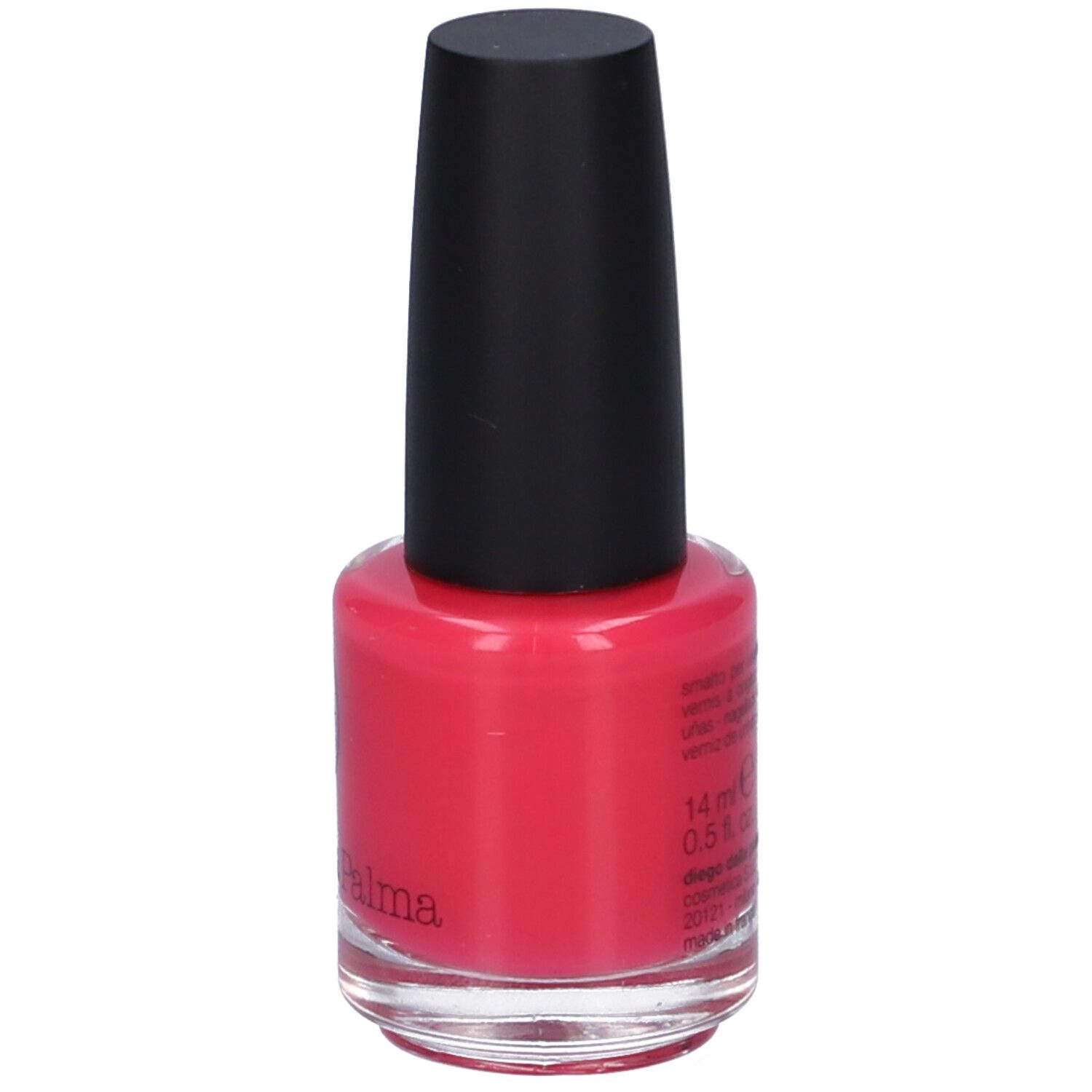 Flacone di smalto rosso con tappo nero. Volume 14 ml, 0,5 fl. oz. Scritta: Diego dalla Palma.