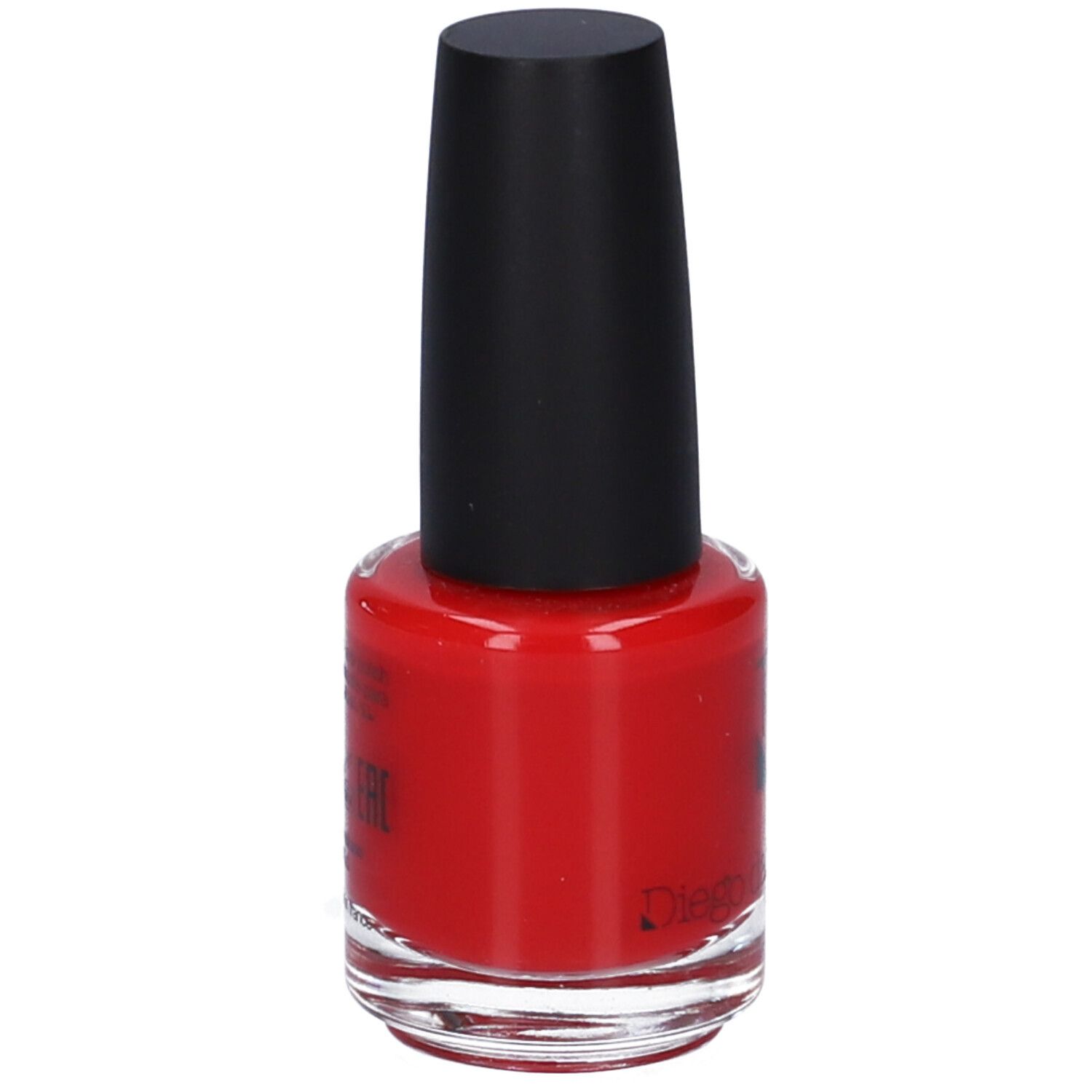 Flacone di smalto rosso con tappo nero. Marchio Diego dalla Palma.