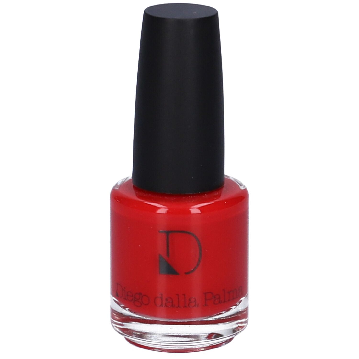 Flacone di smalto rosso con tappo nero. Marchio Diego dalla Palma.