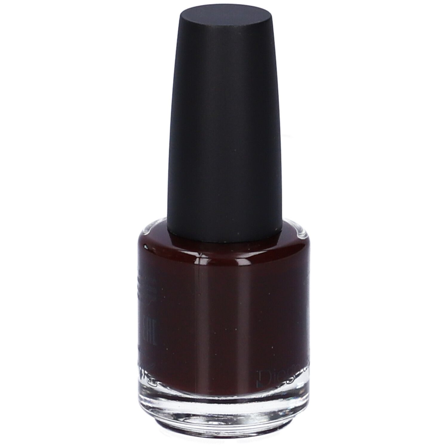 Flacone di smalto con tappo nero. Colore marrone scuro. Sul flacone è visibile il logo "D".