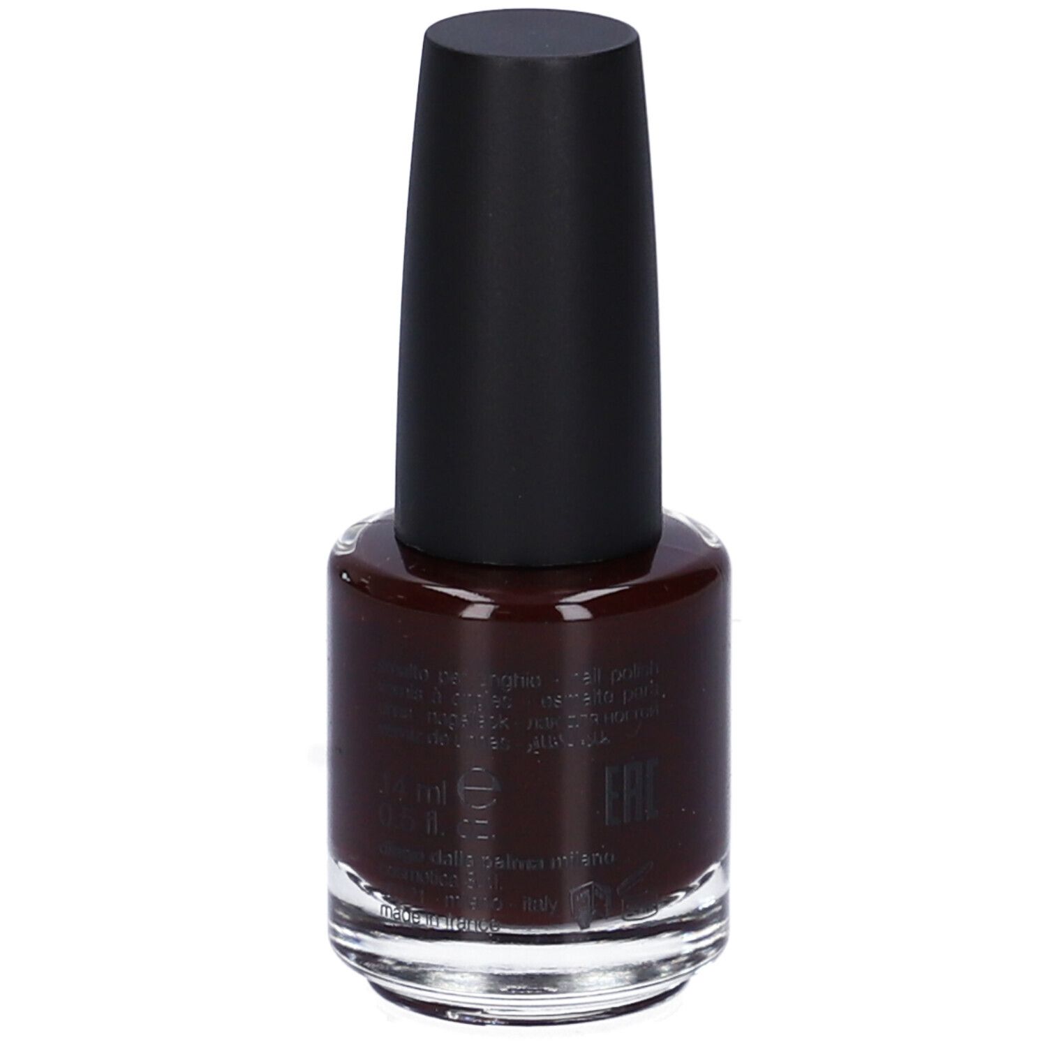 Flacone di smalto con tappo nero. Colore marrone scuro. Sul flacone è visibile il logo "D".