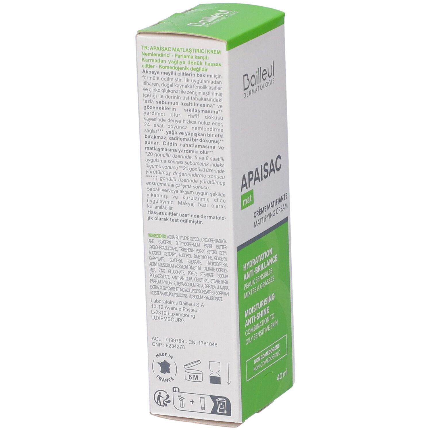 Scatola bianca, retro con testo. Scritto: APAISAC mat, Crème Matifiante. Testo in più lingue. 40 ml.