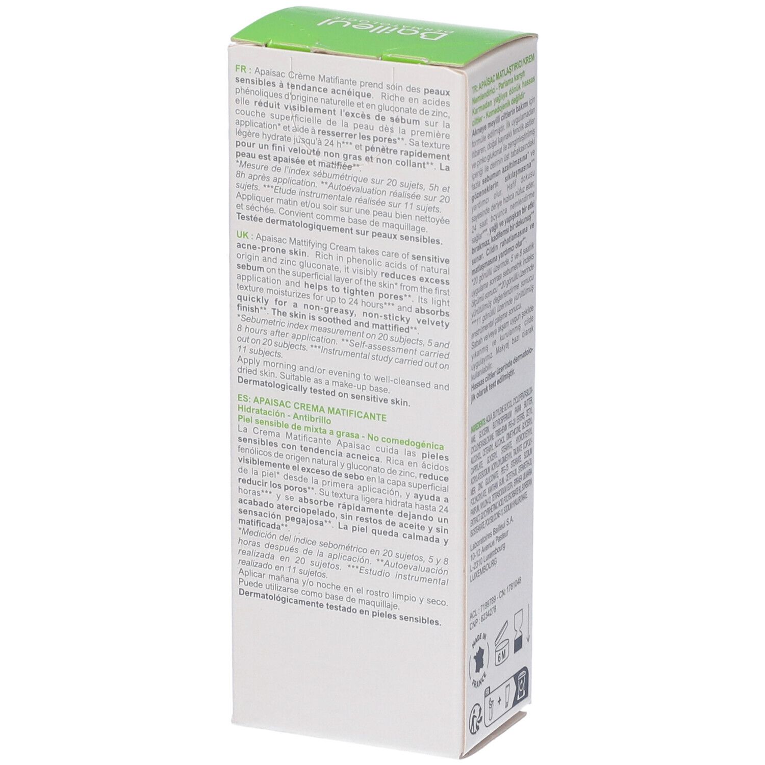 Scatola bianca, lato con testo. Scritto: APAISAC Crème Matifiante. Testo in più lingue. 40 ml.