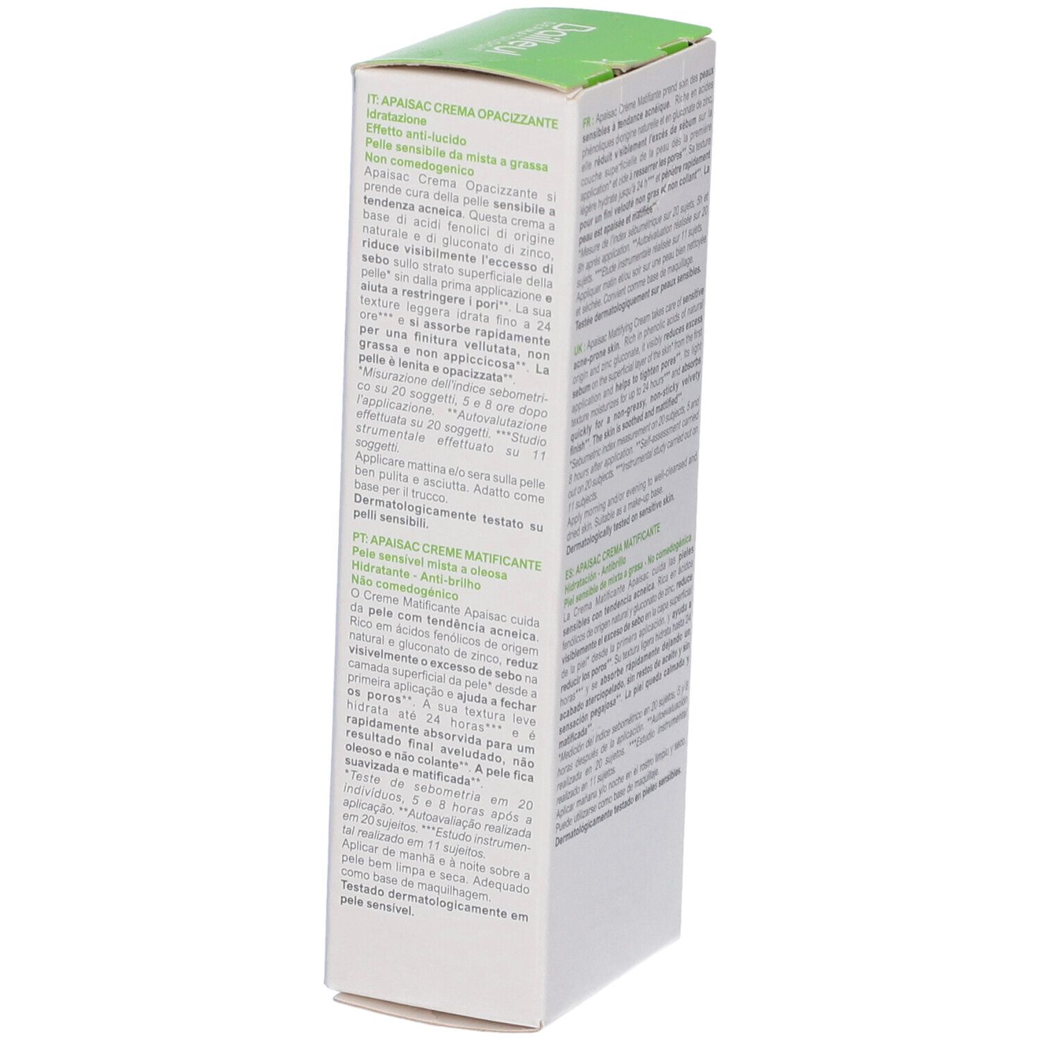 Scatola bianca, lato con testo. Scritto: APAISAC Crème Matifiante. Testo in più lingue. 40 ml.