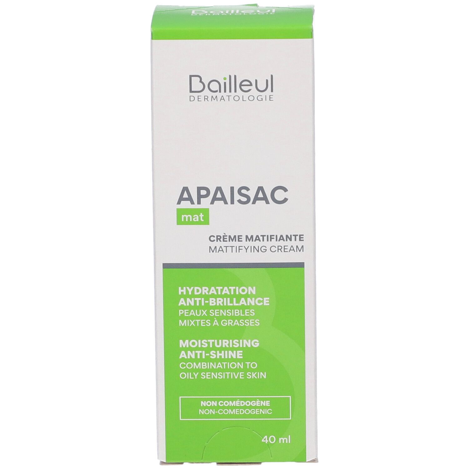 Scatola bianca e verde. Scritto: APAISAC mat, Crème Matifiante. Testo: Hydratation, Anti-Brillance, Peaux Sensibles, Mixtes à Grasses. 40 ml.