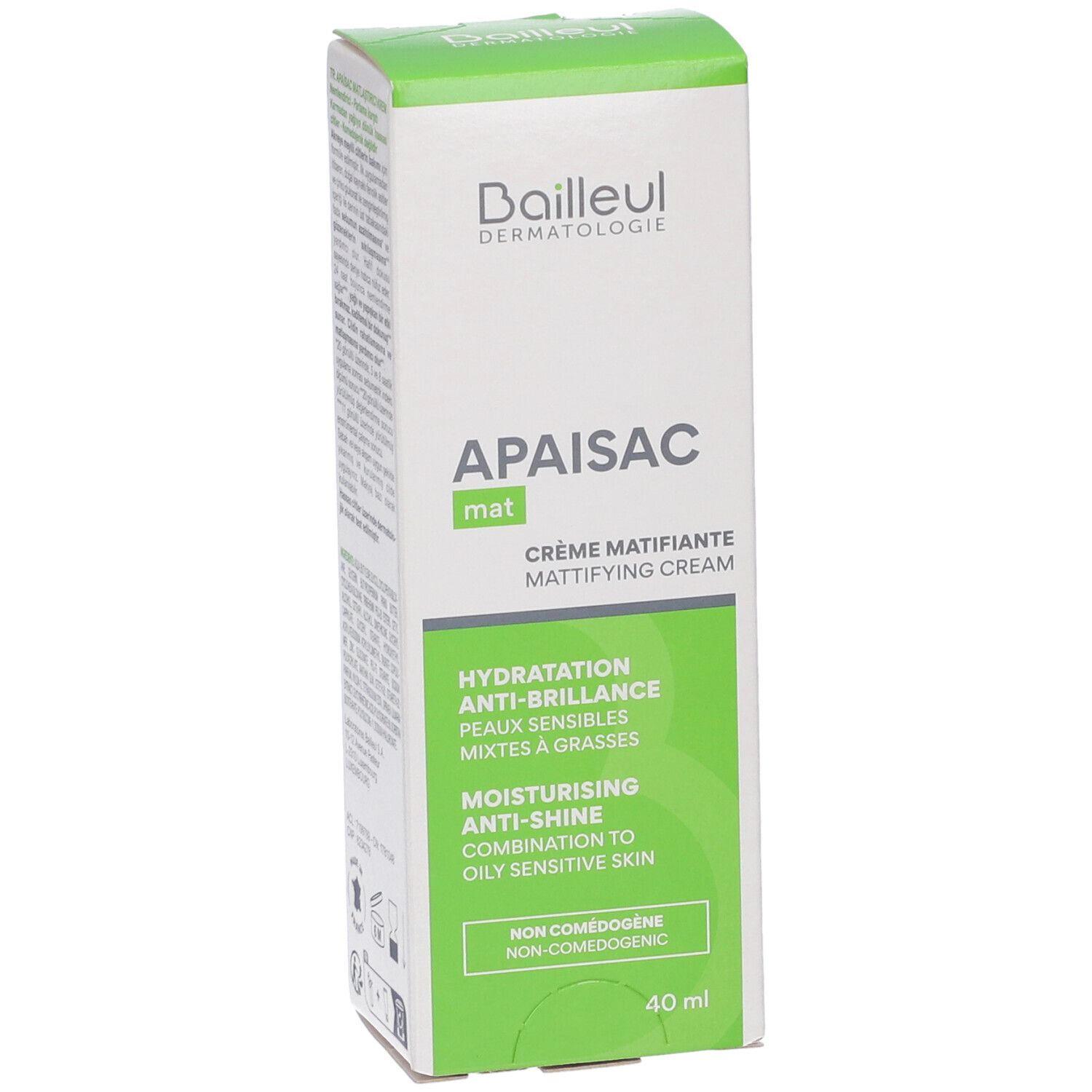 Scatola bianca e verde. Scritto: APAISAC mat, Crème Matifiante. Testo: Hydratation, Anti-Brillance, Peaux Sensibles, Mixtes à Grasses. 40 ml.