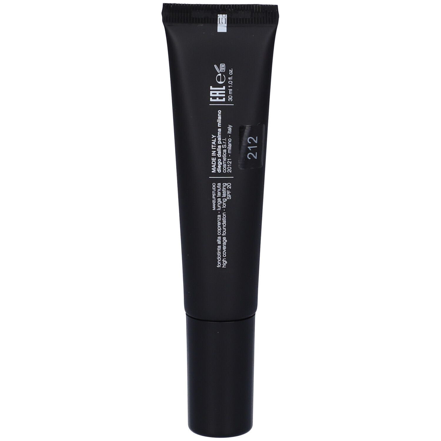 Tubo nero con testo bianco. Scritte: 212, SPF 20, Made in Italy. Nome del prodotto non visibile.