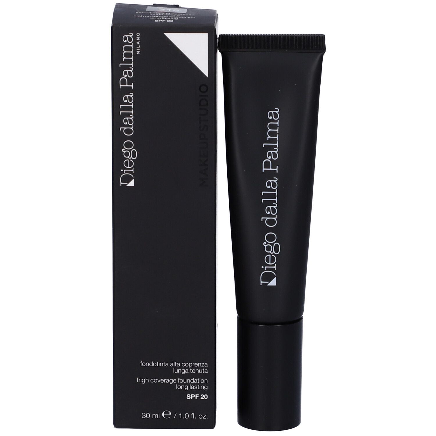 Scatola e tubo neri. Scatola con logo bianco e scritta Diego dalla Palma. Cosmetici.