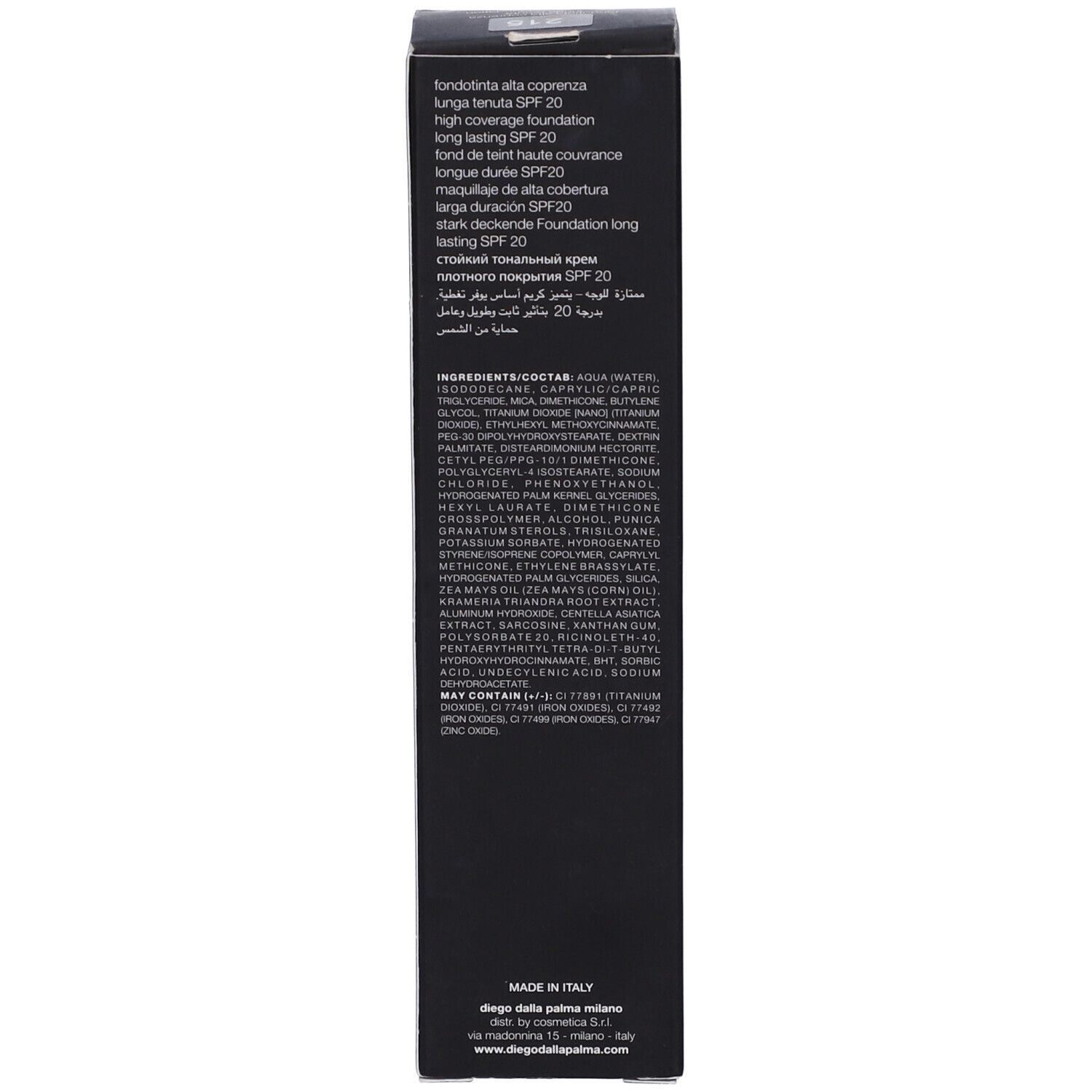 Scatola nera con informazioni prodotto multilingue. Ingredienti e produttore.