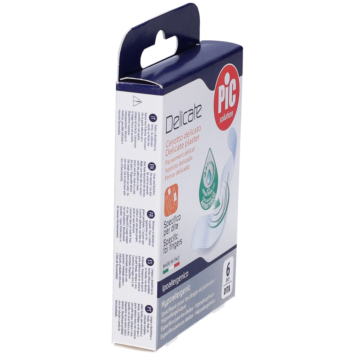 Confezione di cerotti per dita. Marchio PIC Solution, nome Delicate. 6 pezzi. Vista laterale.