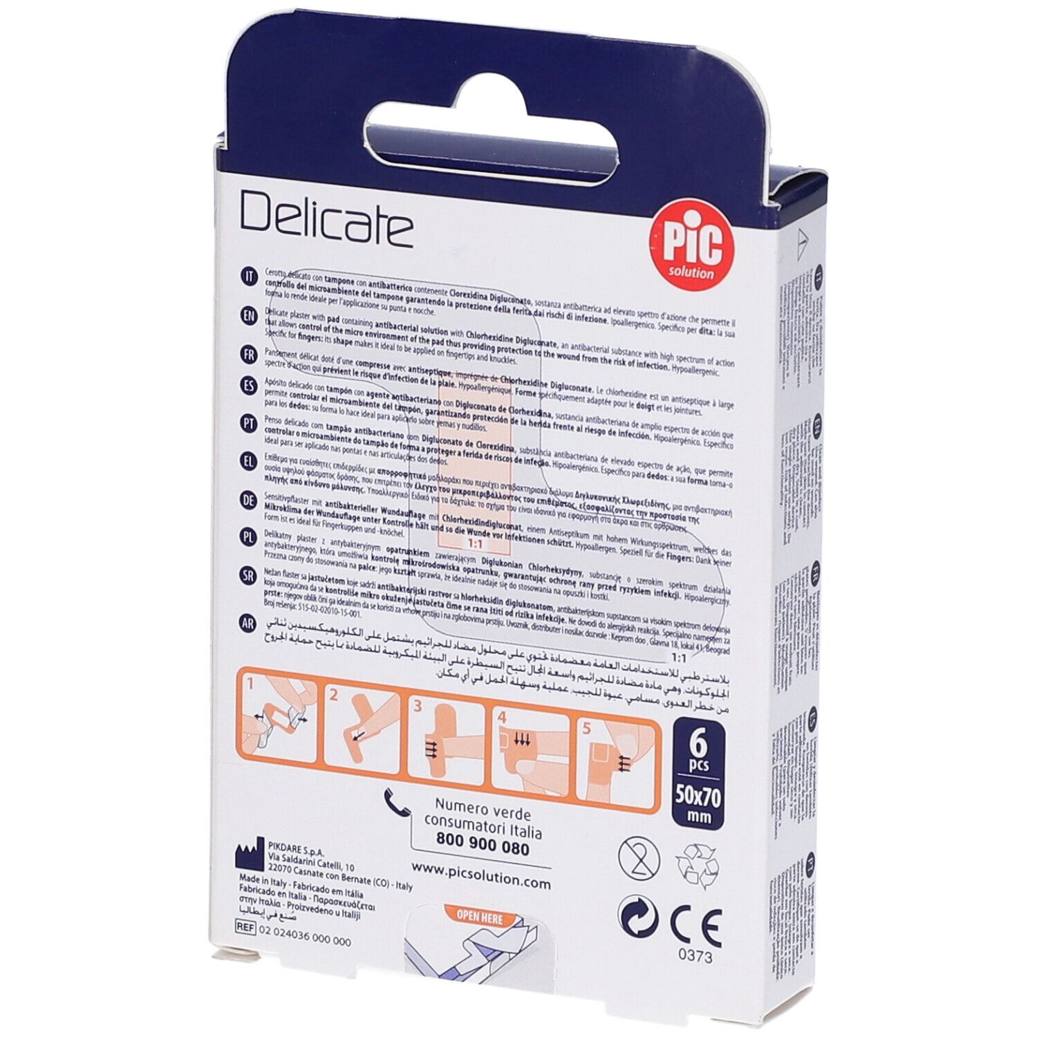 Retro della confezione di cerotti per dita. Marchio PIC Solution. Informazioni multilingue.