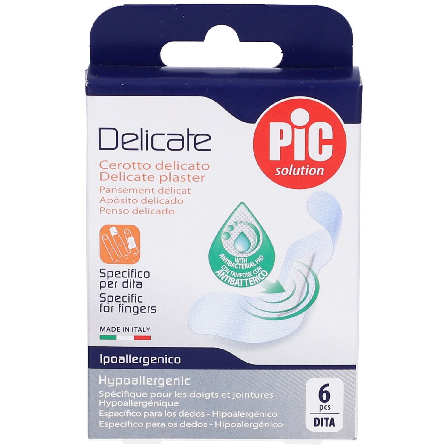 Confezione di cerotti per dita. Marchio PIC Solution, nome Delicate. 6 pezzi. Vista frontale.
