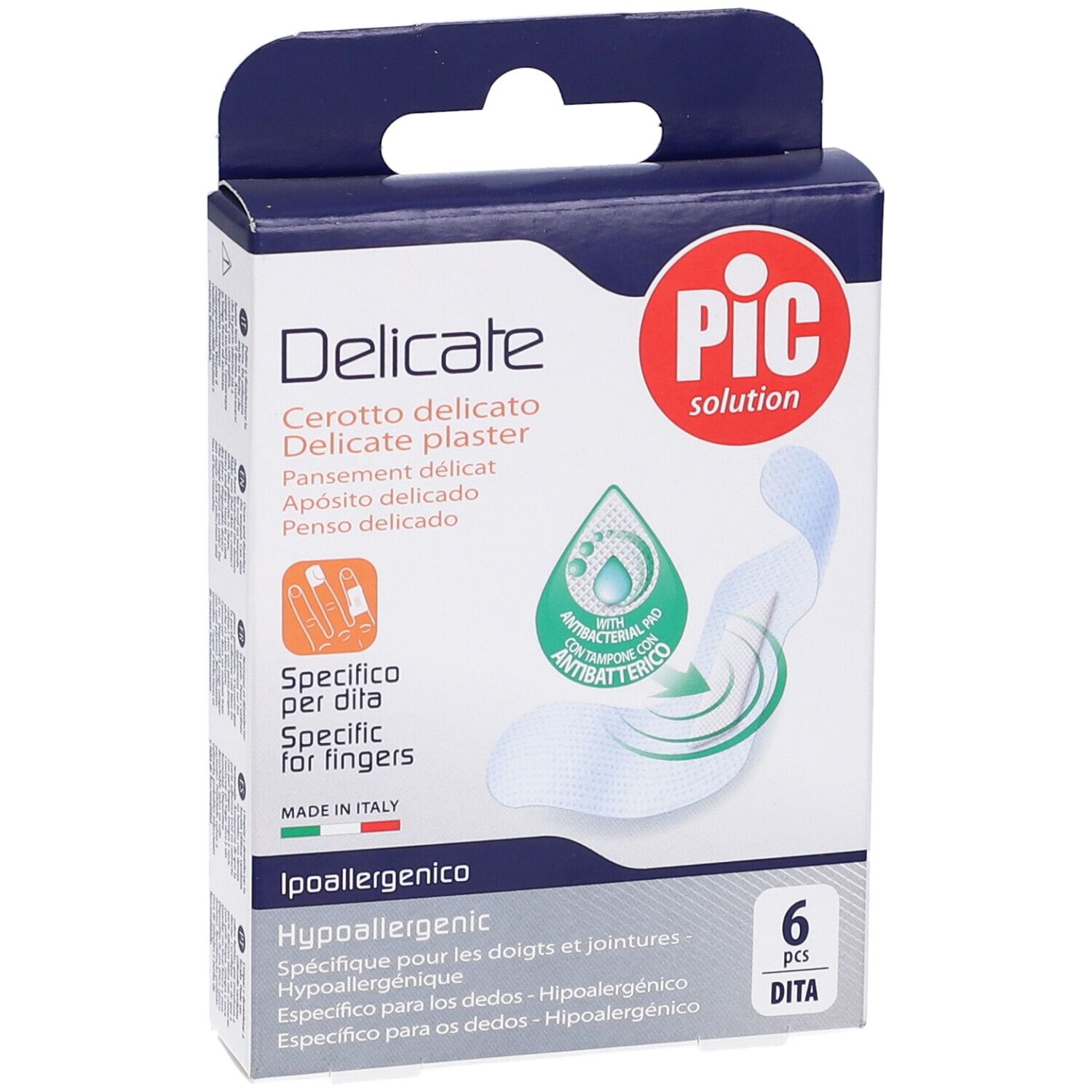Confezione di cerotti per dita. Marchio PIC Solution, nome Delicate. 6 pezzi. Vista frontale.