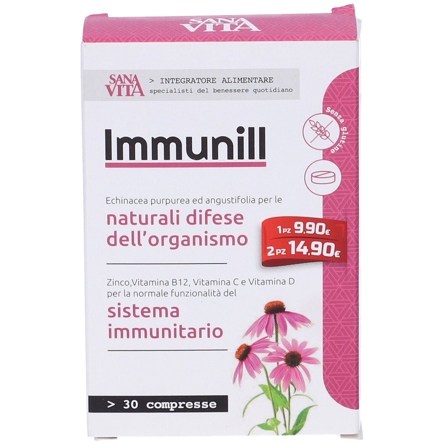 Scatola rosa 'Immunill' con informazioni sul prodotto. Contiene 30 compresse. Etichetta prezzo con 9,90€ e 14,90€.