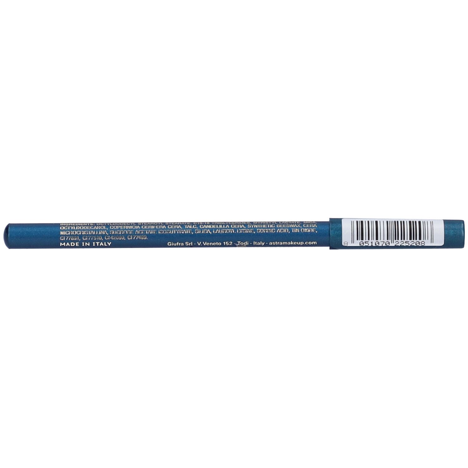 Matita occhi kajal blu con codice a barre e testo. Scritta: MADE IN ITALY.