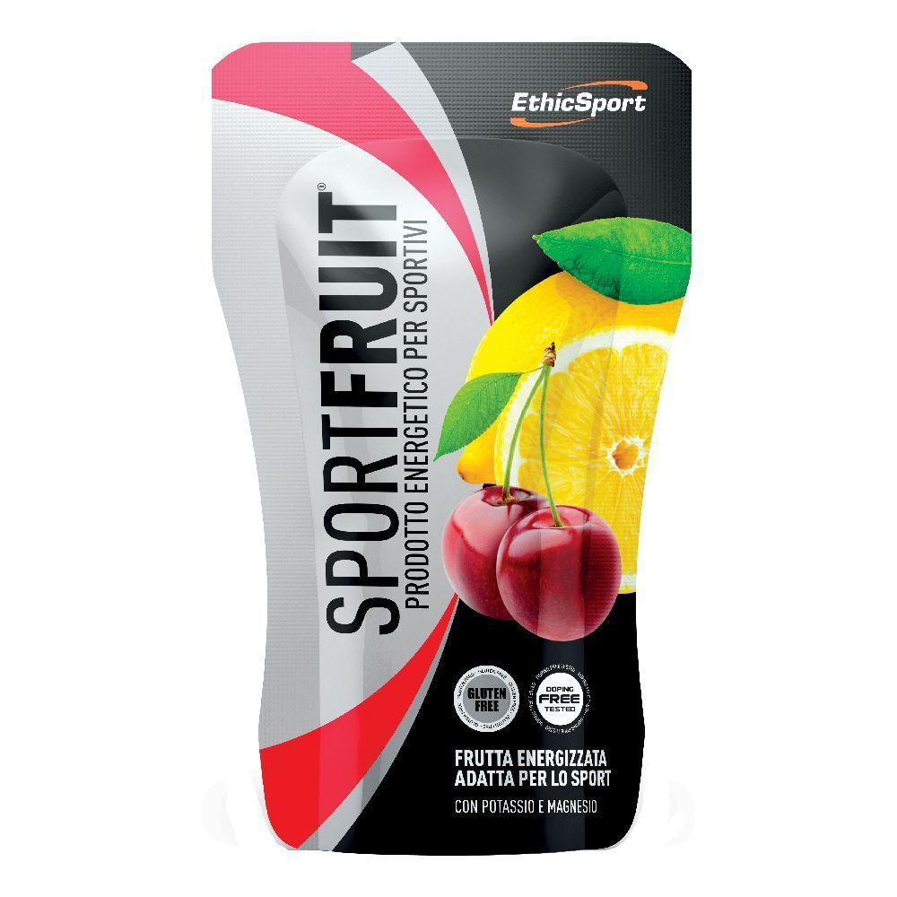 Busta Sport Fruit. Scritte: Sport Fruit, EthicSport, ciliegie, limone. Sigillo senza glutine. Testo: Frutta energizzata adatta per lo sport.