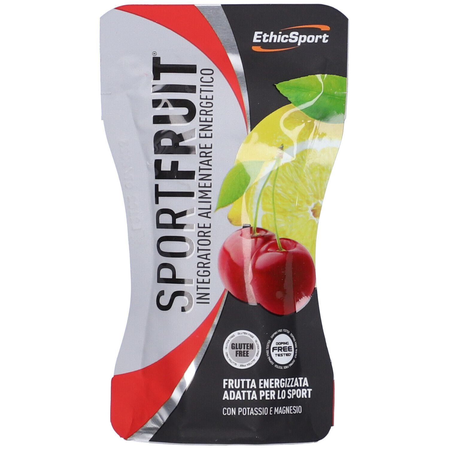 Busta Sport Fruit. Scritte: Sport Fruit, EthicSport, ciliegie, lime. Sigillo senza glutine. Testo: Frutta energizzata adatta per lo sport.