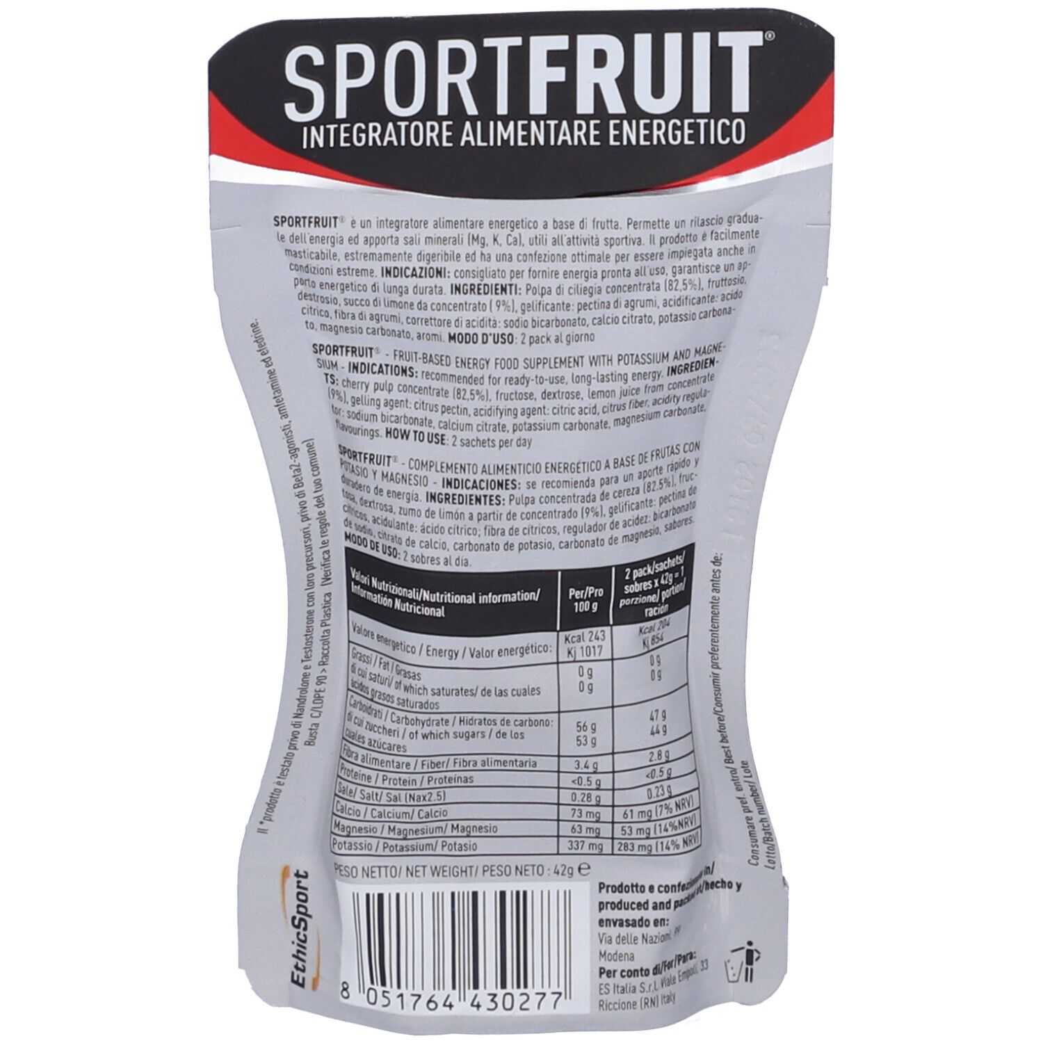 Retro della busta Sport Fruit. Testo: Informazioni sul prodotto, ingredienti, valori nutrizionali. Logo EthicSport. Codice a barre.