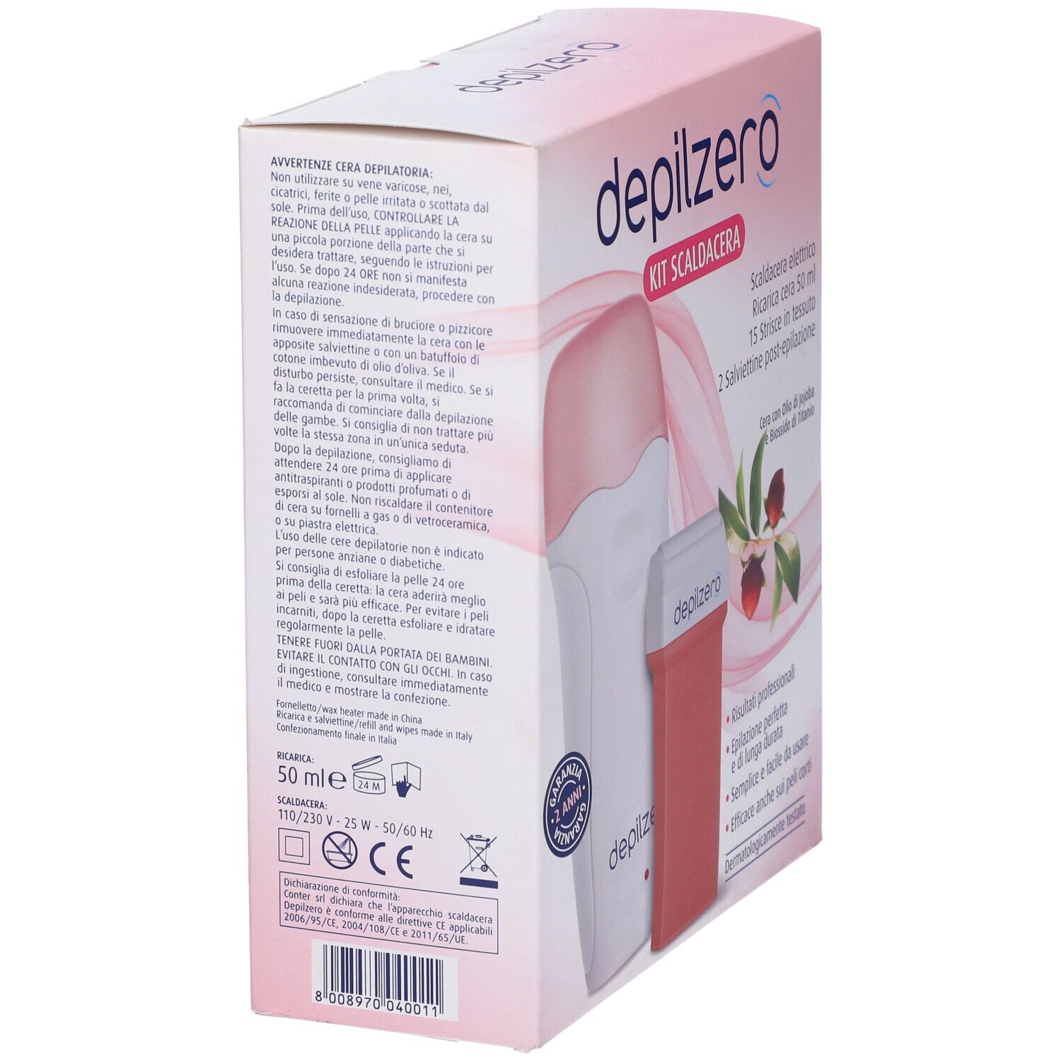 Kit Scaldacera. Confezione con informazioni sul prodotto. Contiene scaldacera elettrico, cera, strisce e salviette. Rosa e bianco.