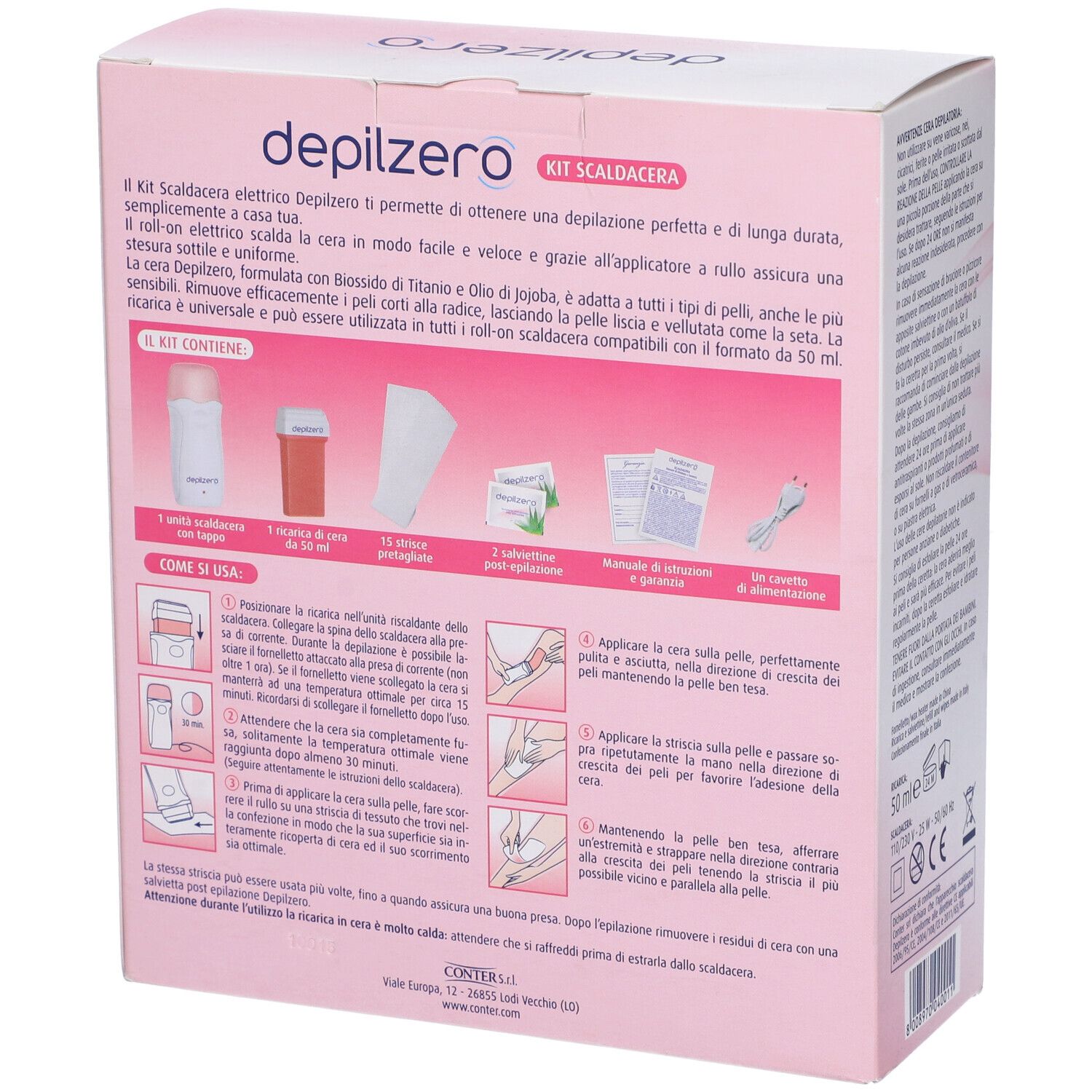 Kit Scaldacera. Confezione con illustrazioni e informazioni sul contenuto. Contiene scaldacera, cera, strisce e salviette. Rosa.