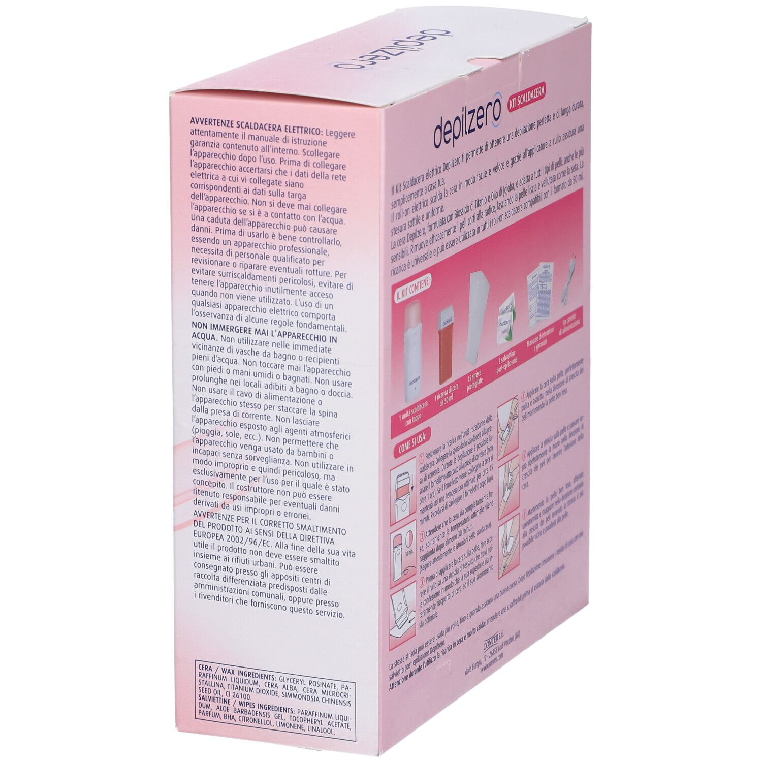 Kit Scaldacera. Confezione con informazioni e istruzioni. Contiene scaldacera, cera, strisce e salviette. Rosa.