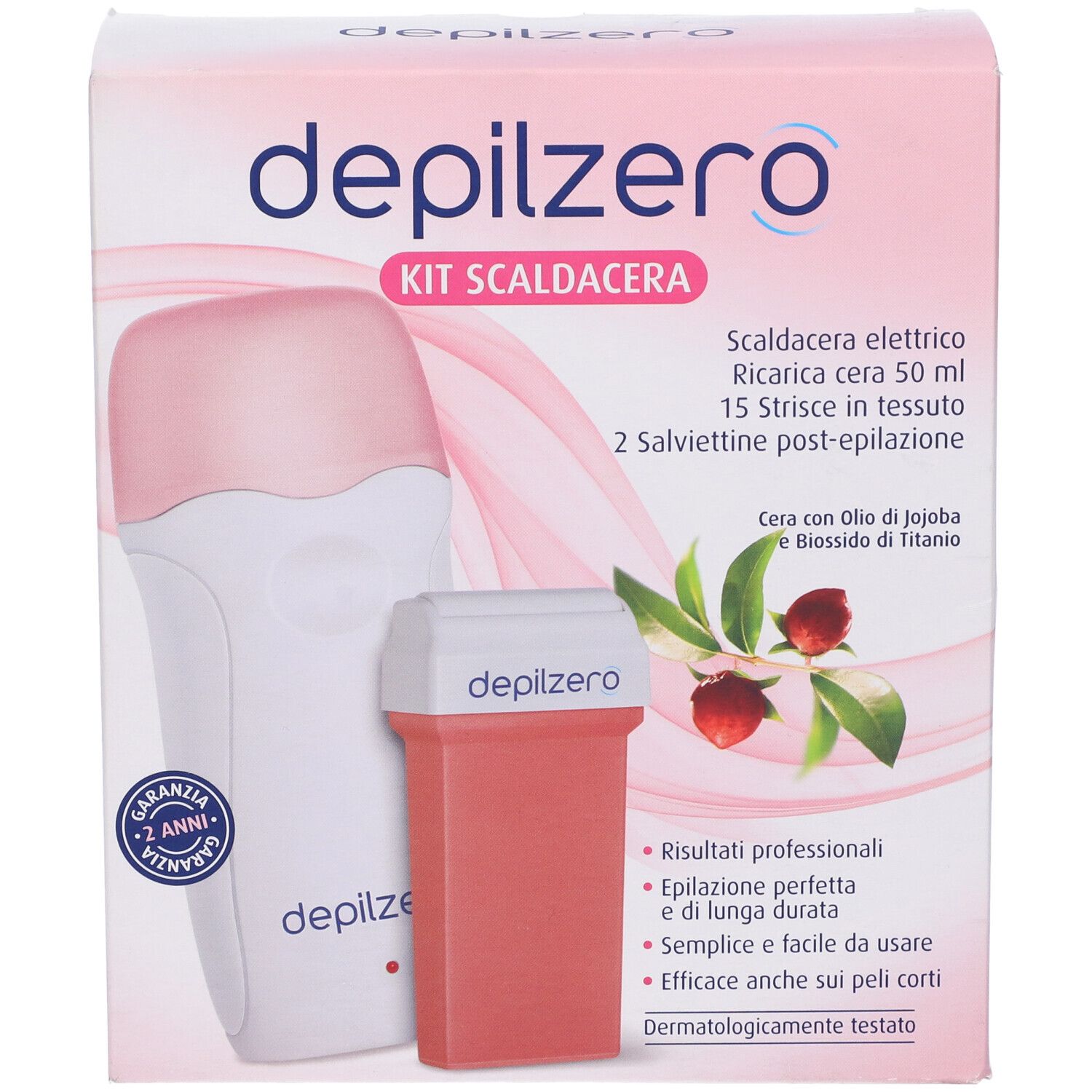Kit Scaldacera. Confezione rosa e bianca con immagine del prodotto. Contiene scaldacera elettrico, cera, strisce e salviette.