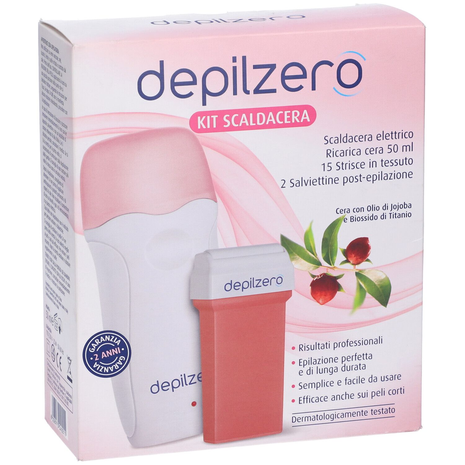 Kit Scaldacera. Confezione rosa e bianca con immagine del prodotto. Contiene scaldacera elettrico, cera, strisce e salviette.