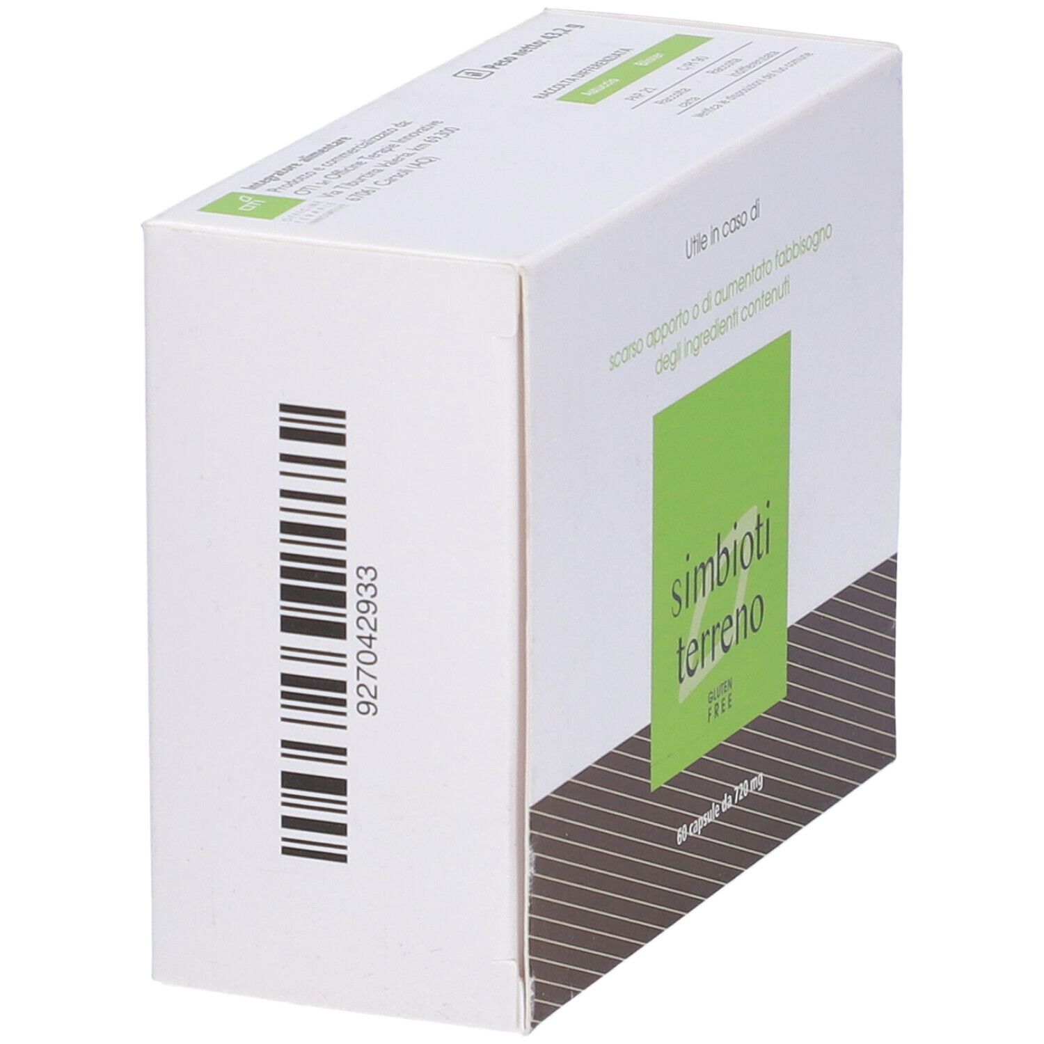 Scatola Simbioti Terreno, vista laterale. Codice a barre e nome del prodotto visibili. Bianco con accenti verdi.