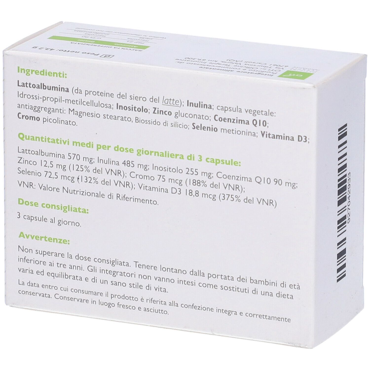 Retro della confezione Simbioti Terreno. Contiene informazioni sugli ingredienti e il dosaggio.