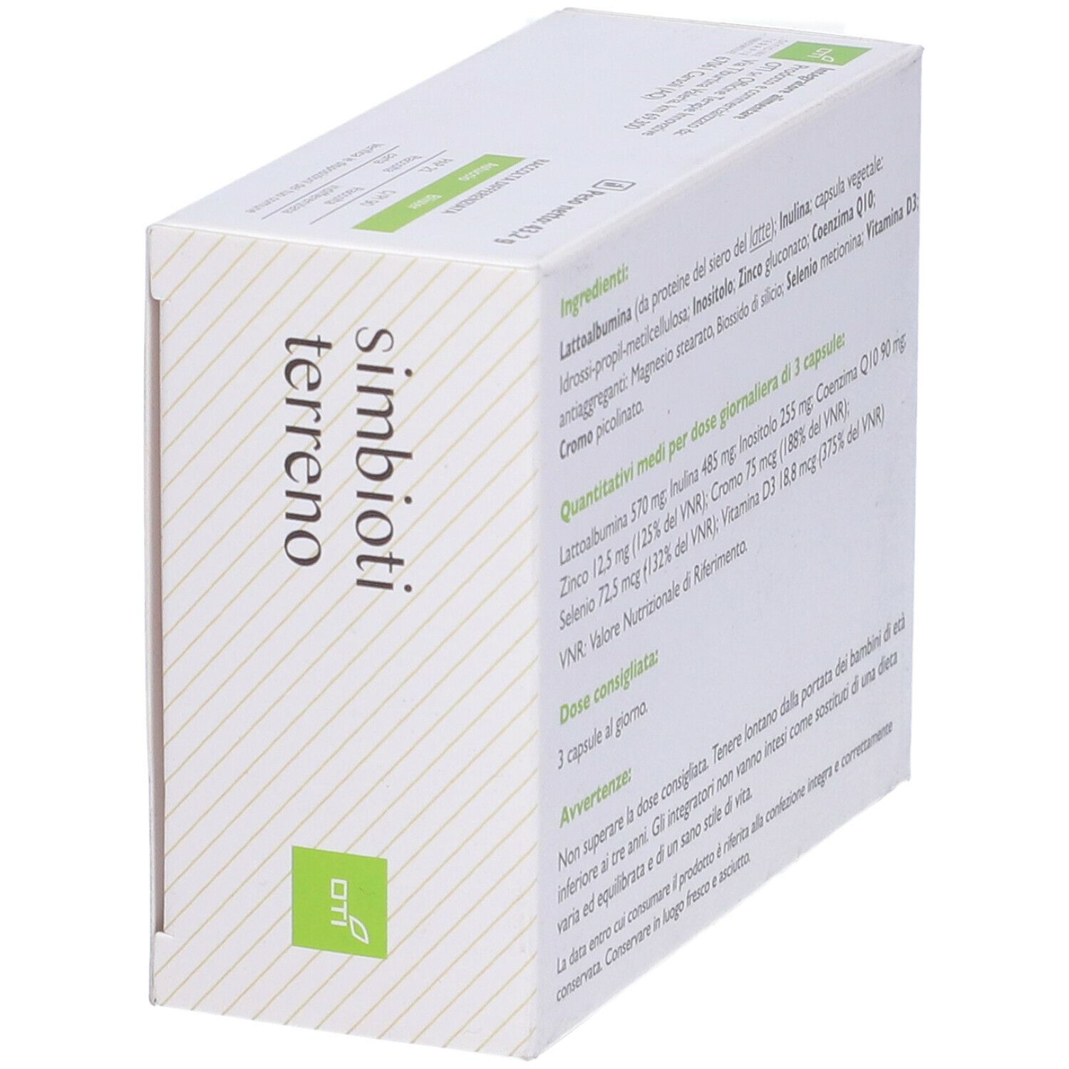 Confezione Simbioti Terreno, in diagonale. Nome del prodotto e ingredienti visibili sul retro.