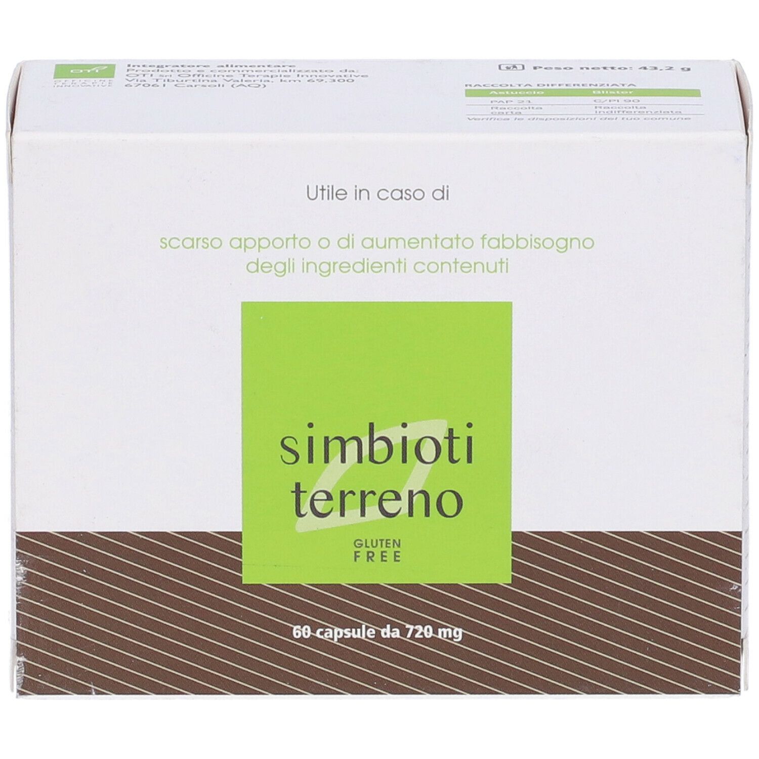 Confezione Simbioti Terreno. Design verde e bianco, strisce marroni. Contiene 60 capsule.