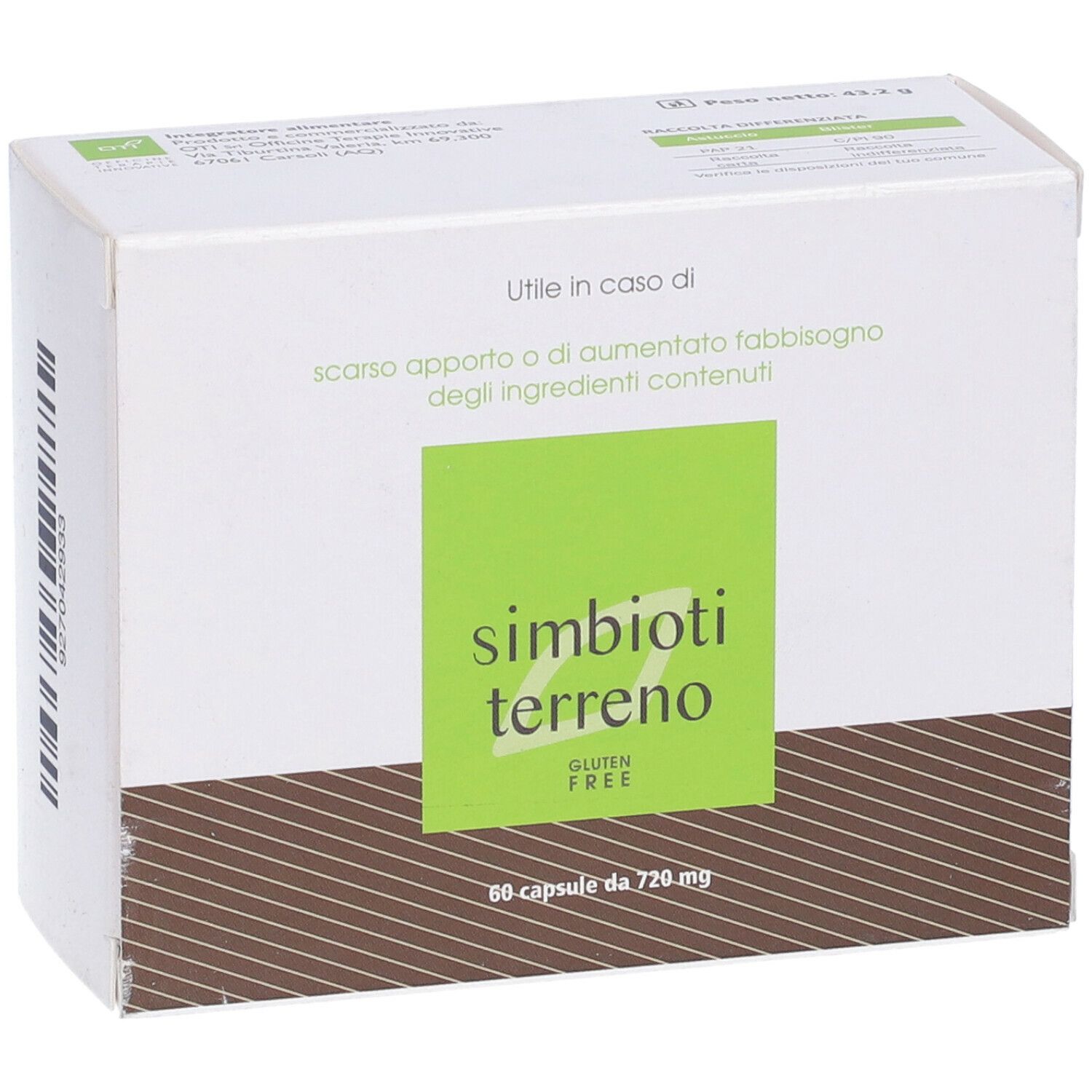 Confezione Simbioti Terreno. Design verde e bianco, strisce marroni. Contiene 60 capsule.