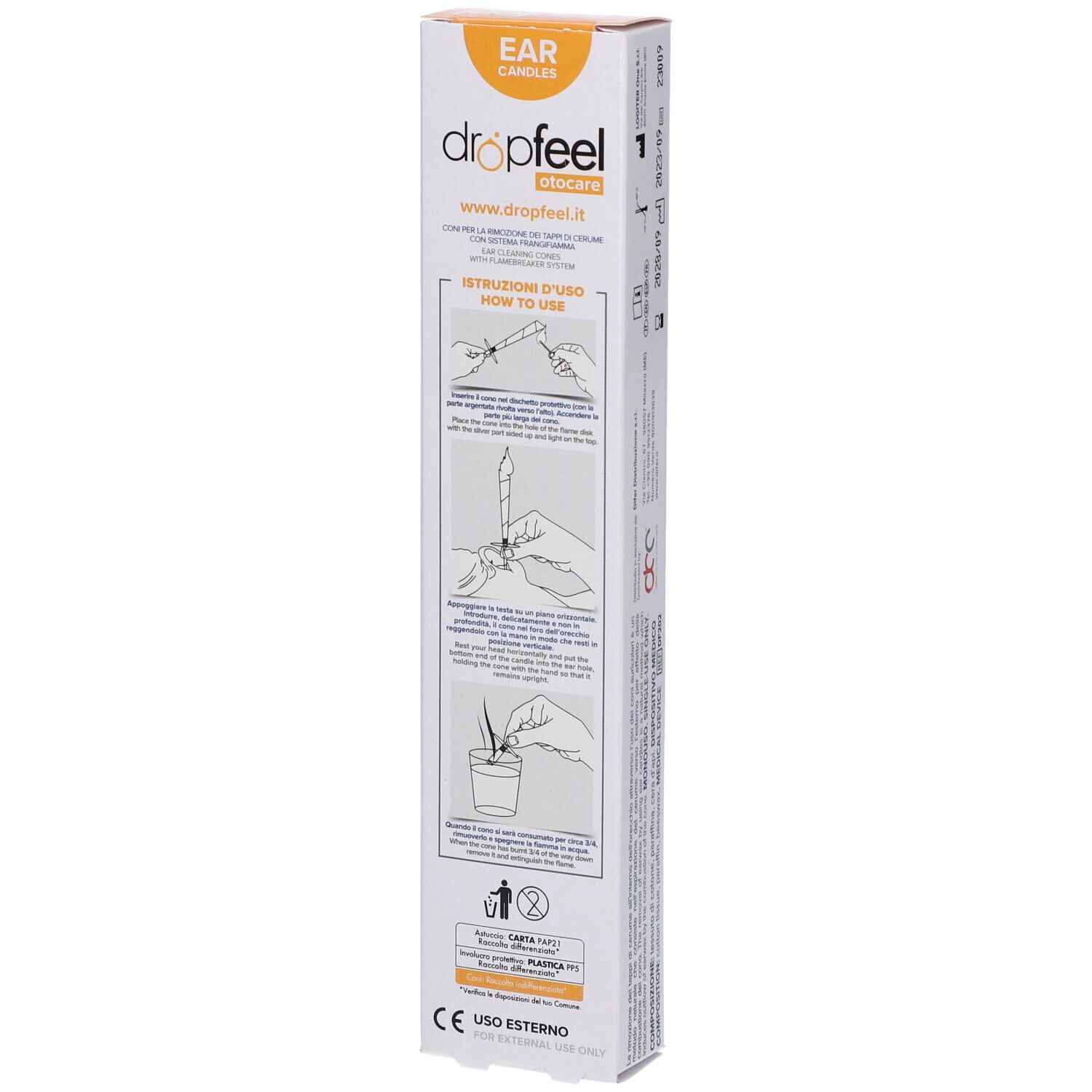 Confezione Dropfeel otocare. Contiene istruzioni per l'uso. Testo: coni auricolari, istruzioni per l'uso, marchio CE, solo per uso esterno.
