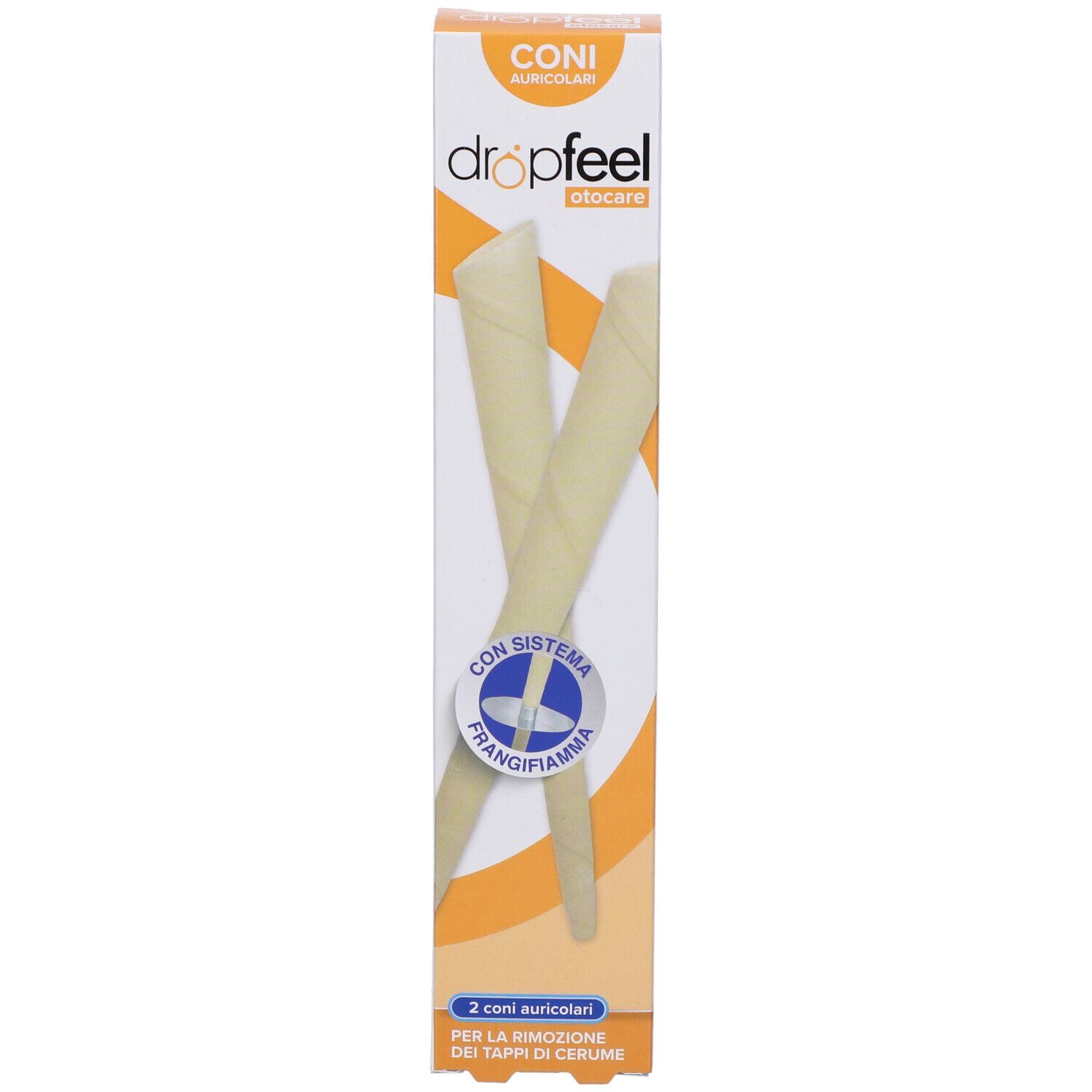 Confezione di due coni auricolari Dropfeel otocare. Sistema frangifiamma. Testo: 2 coni auricolari per la rimozione dei tappi di cerume.