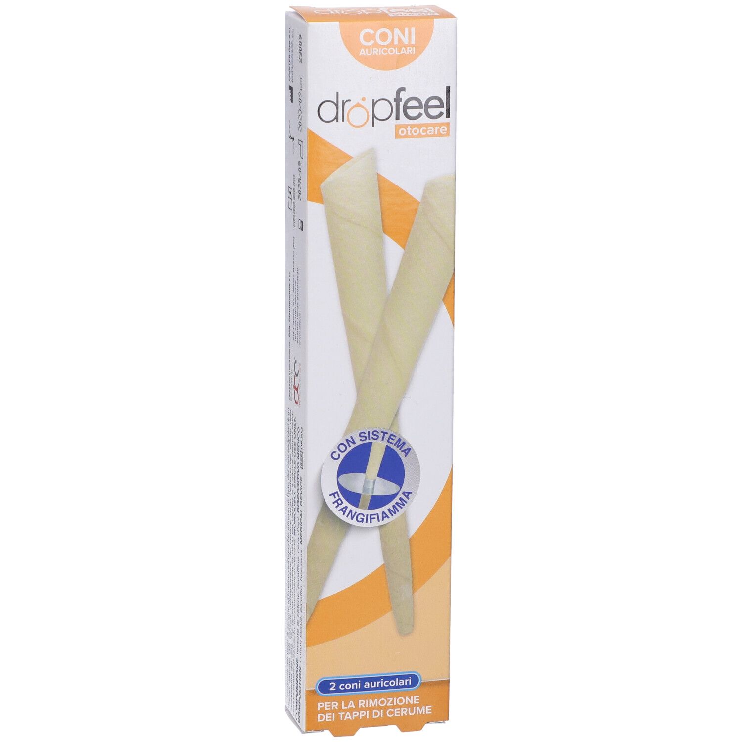 Confezione di due coni auricolari Dropfeel otocare. Sistema frangifiamma. Testo: 2 coni auricolari per la rimozione dei tappi di cerume.